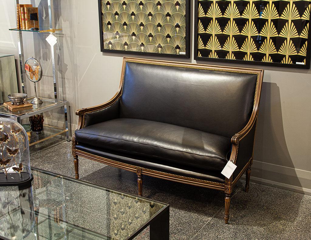 Louis XVI Style Black Leather Settee Sofa For Sale 8