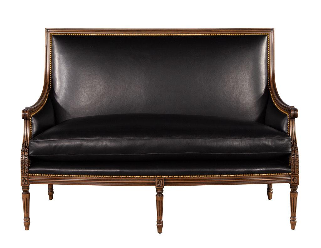 American Louis XVI Style Black Leather Settee Sofa For Sale
