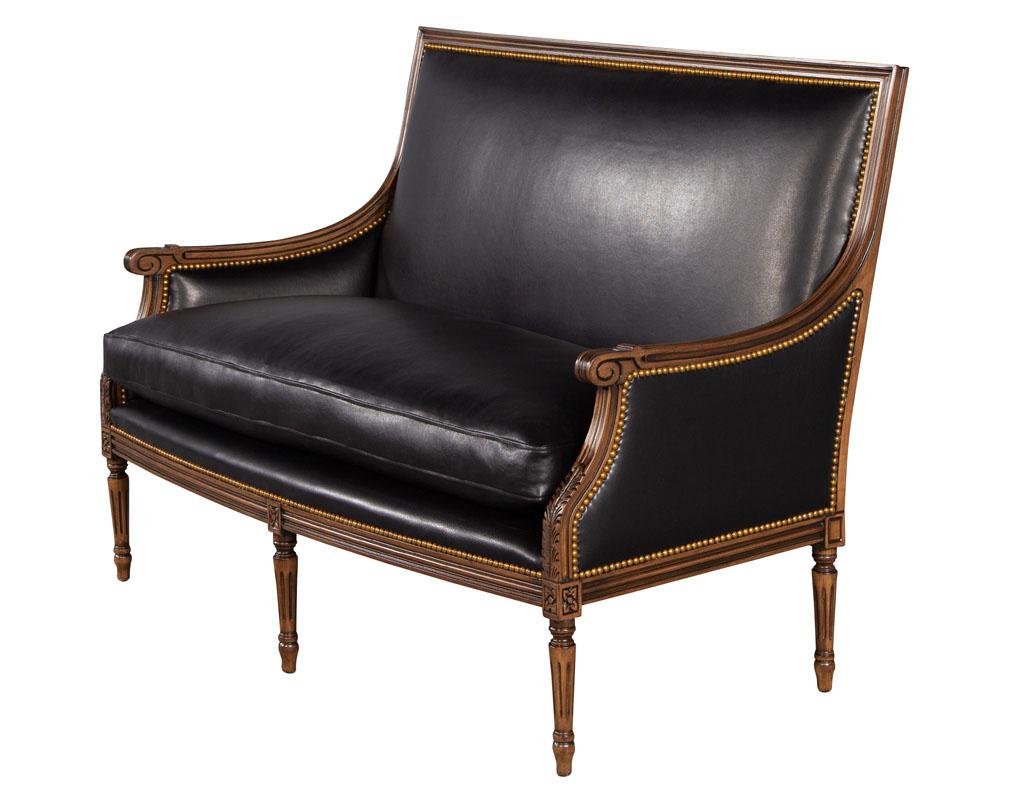 Louis XVI Style Black Leather Settee Sofa In New Condition For Sale In North York, ON