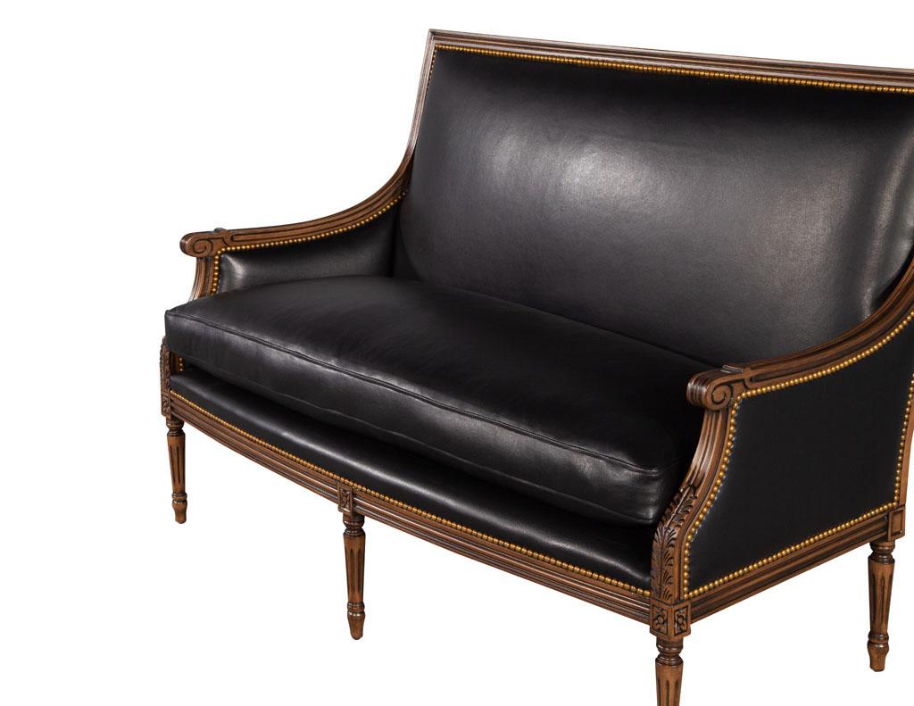 Contemporary Louis XVI Style Black Leather Settee Sofa For Sale