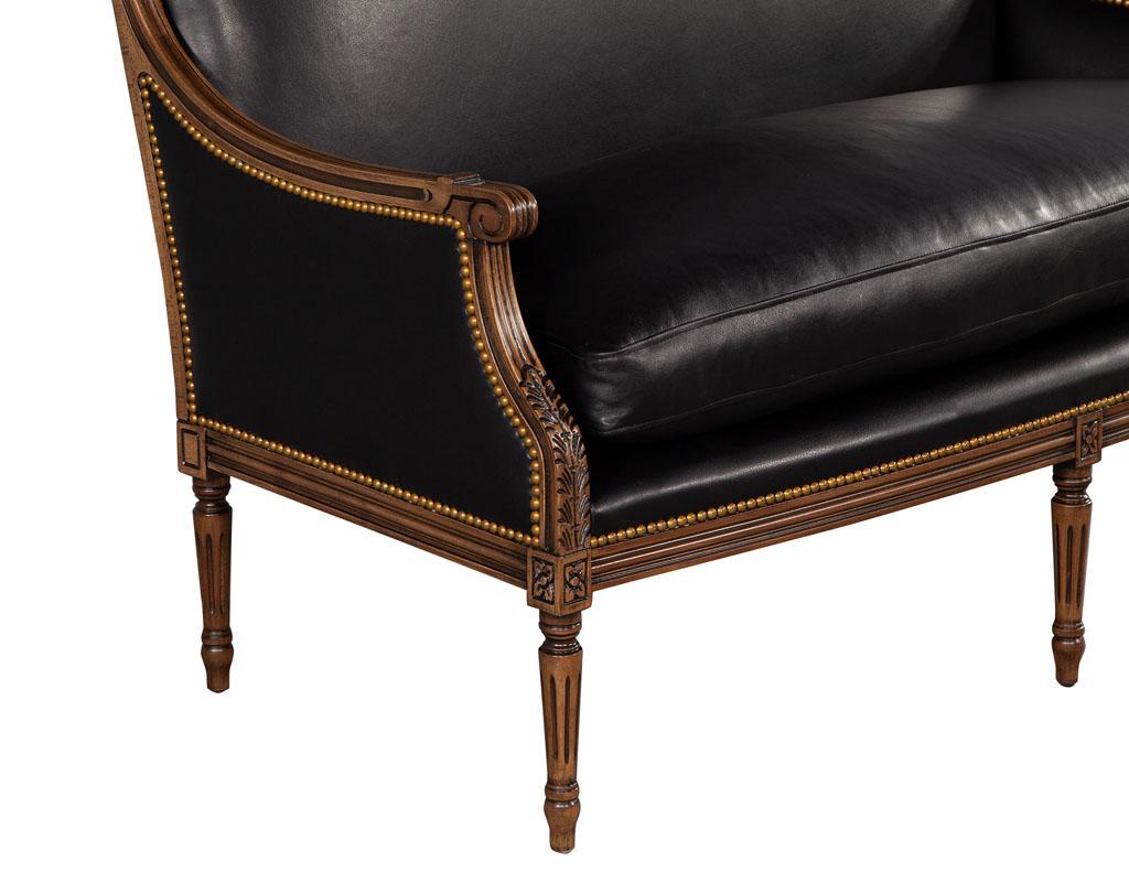 Louis XVI Style Black Leather Settee Sofa For Sale 2