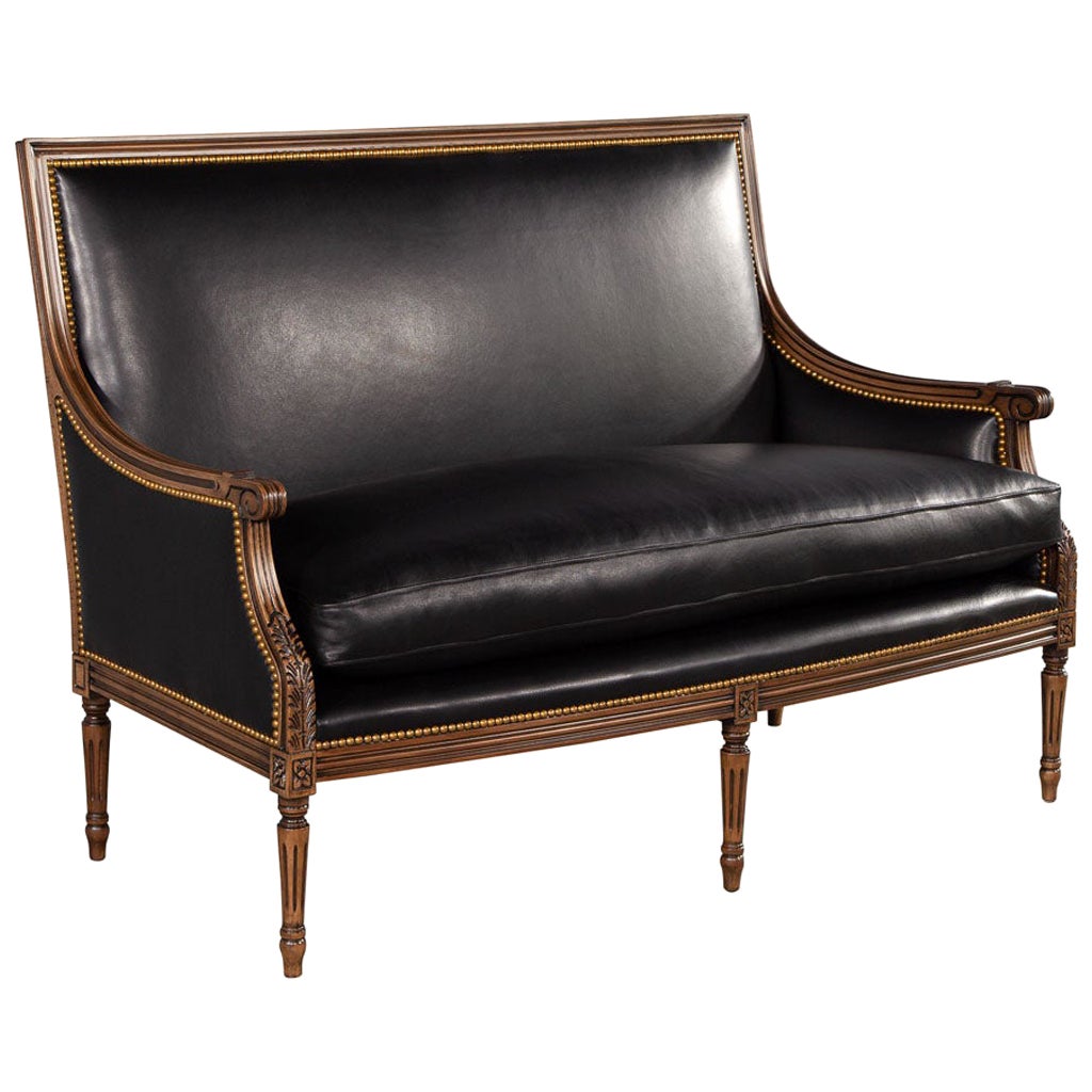 Louis XVI Style Black Leather Settee Sofa
