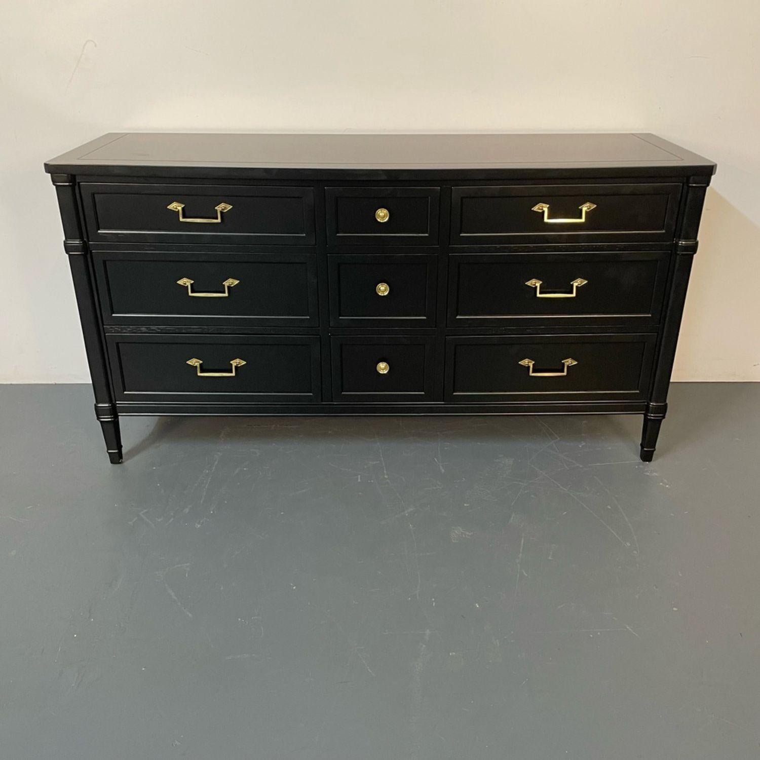 American Louis XVI Style Black Matte Dresser / Painted Cabinet, Refinished, Brass Handles