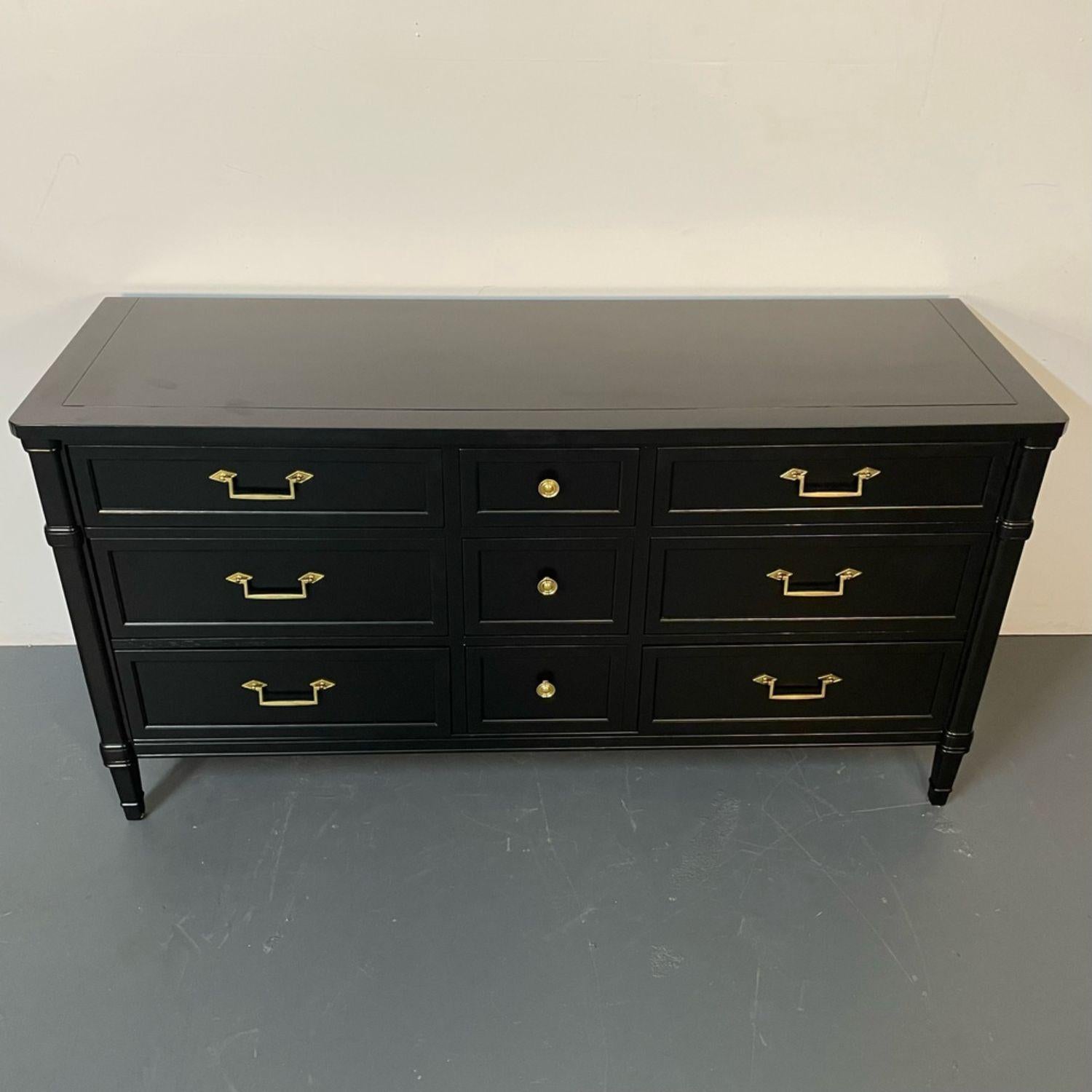 Louis XVI Style Black Matte Dresser / Painted Cabinet, Refinished, Brass Handles In Good Condition In Stamford, CT