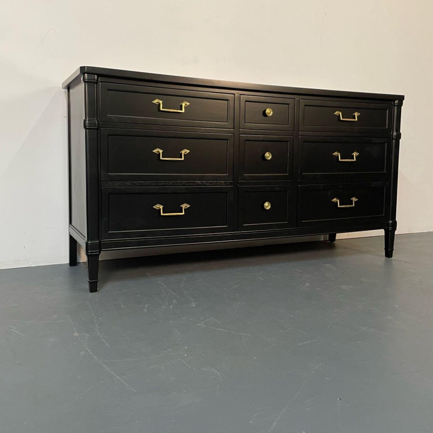 Contemporary Louis XVI Style Black Matte Dresser / Painted Cabinet, Refinished, Brass Handles