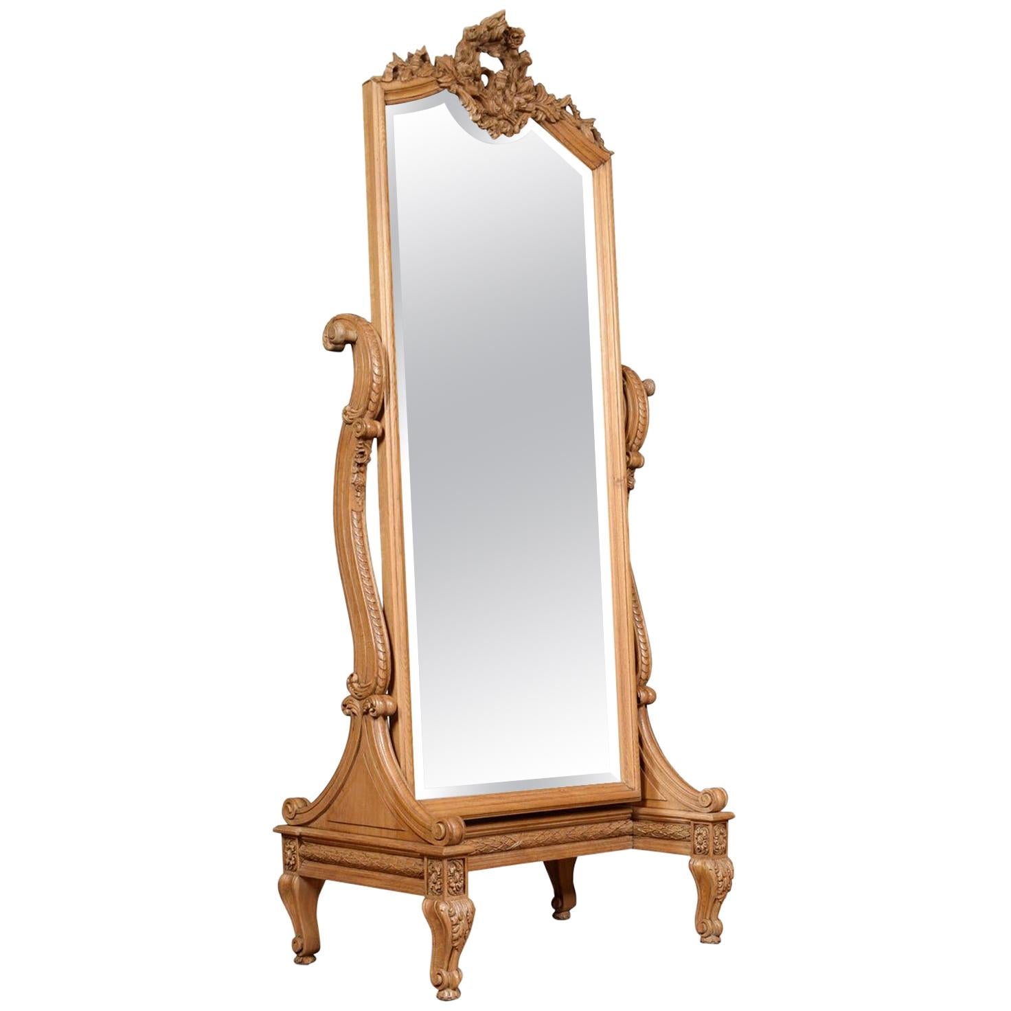 Louis XVI Style Blonde Oak Cheval Mirror