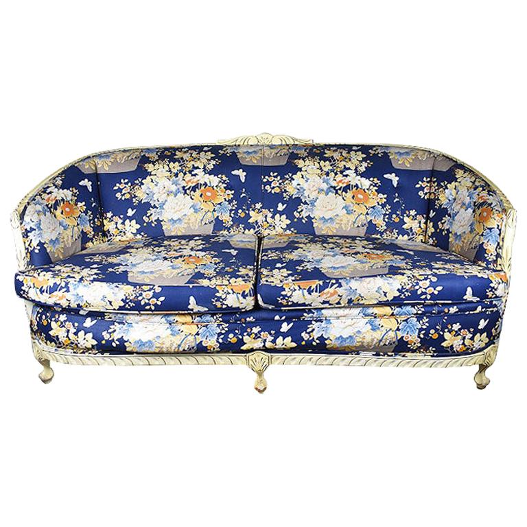 Louis XVI Style Blue Floral Sofa with Carved Wood Frame, Seats 2 at 1stDibs  | blue patterned couch, blue floral sofas, blue floral couch