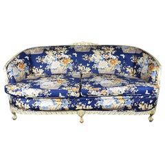 Louis XVI Style Blue Floral Sofa with Carved Wood Frame, Seats 2