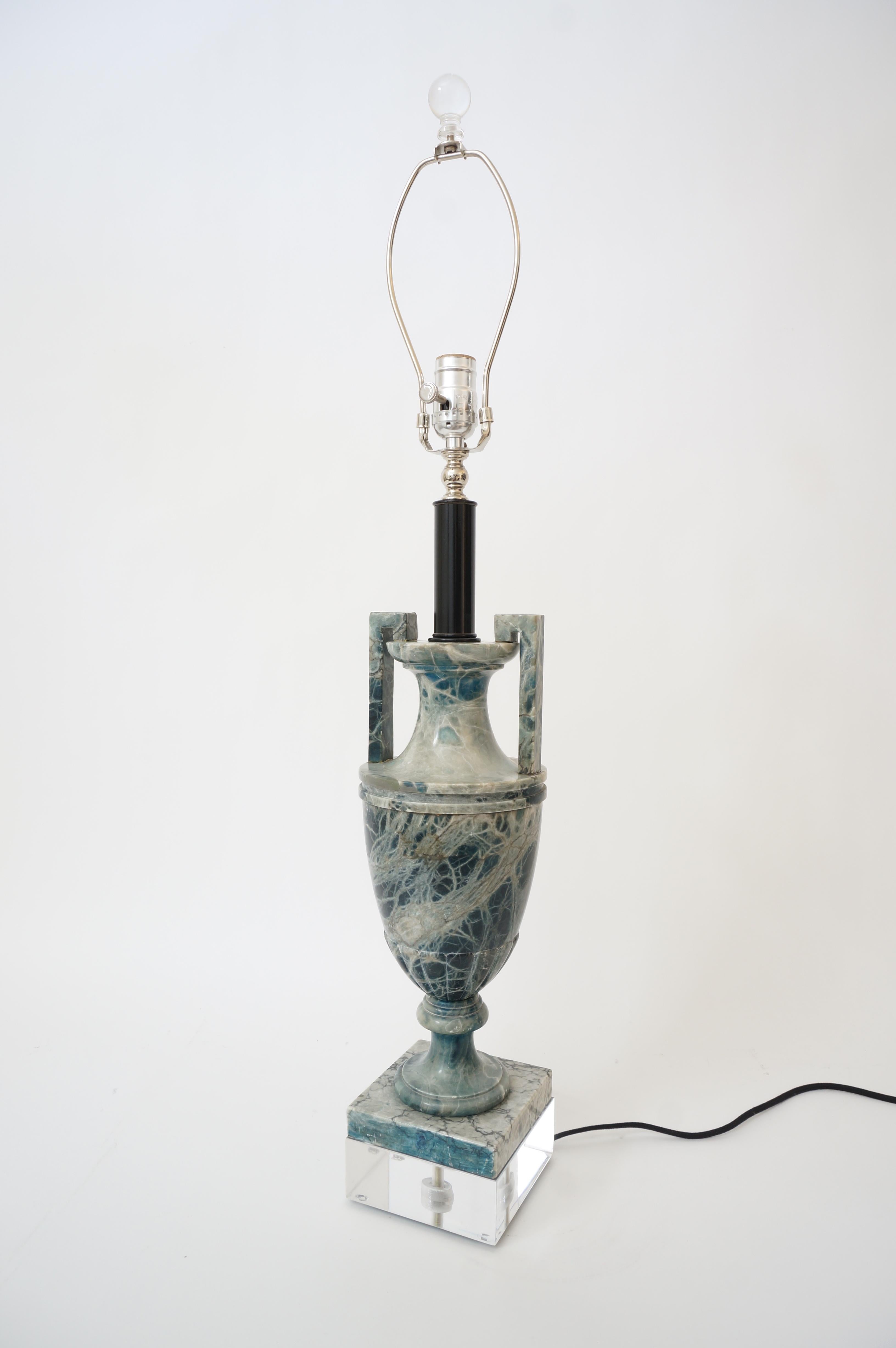 This stylish Louis XVI style marble vase lamp was updated with a luicte base, painted black rod and professionally wiring, with a dimmer switch, as of July 2021. 

Note: Height to the top of the socket is 25.75