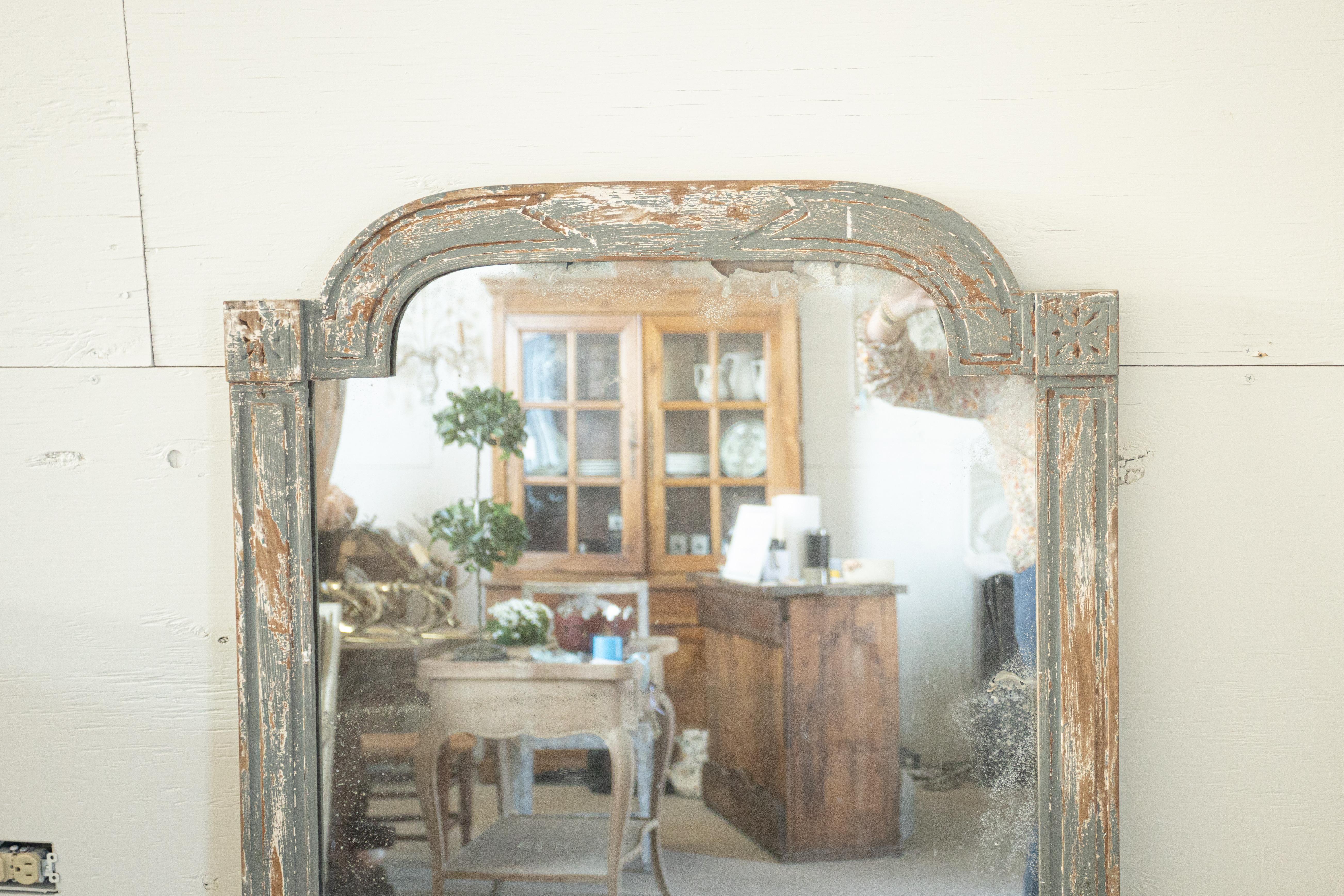 Empire Louis XVI Style Blue Grey Carved Mirror For Sale