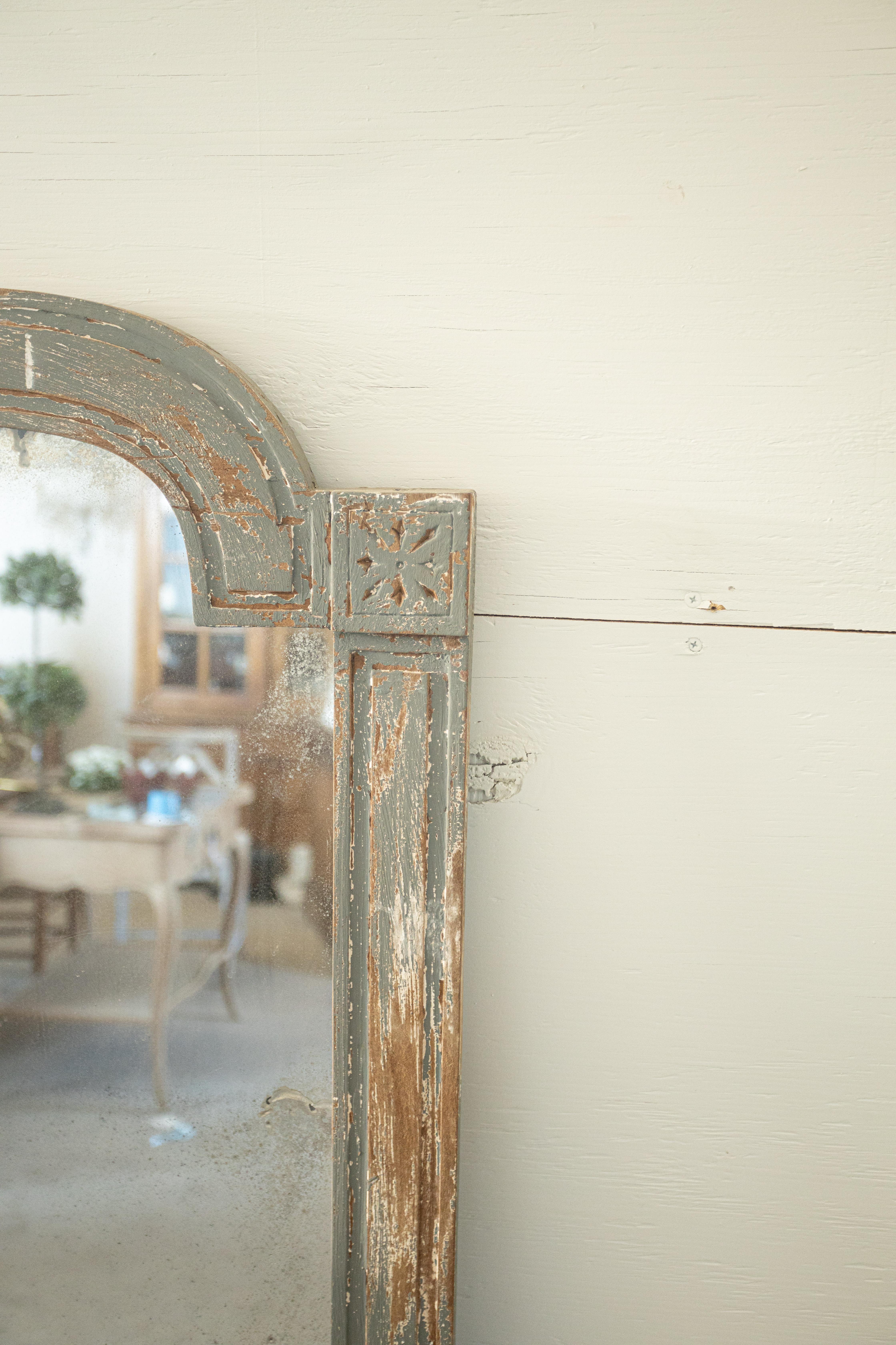 French Louis XVI Style Blue Grey Carved Mirror For Sale