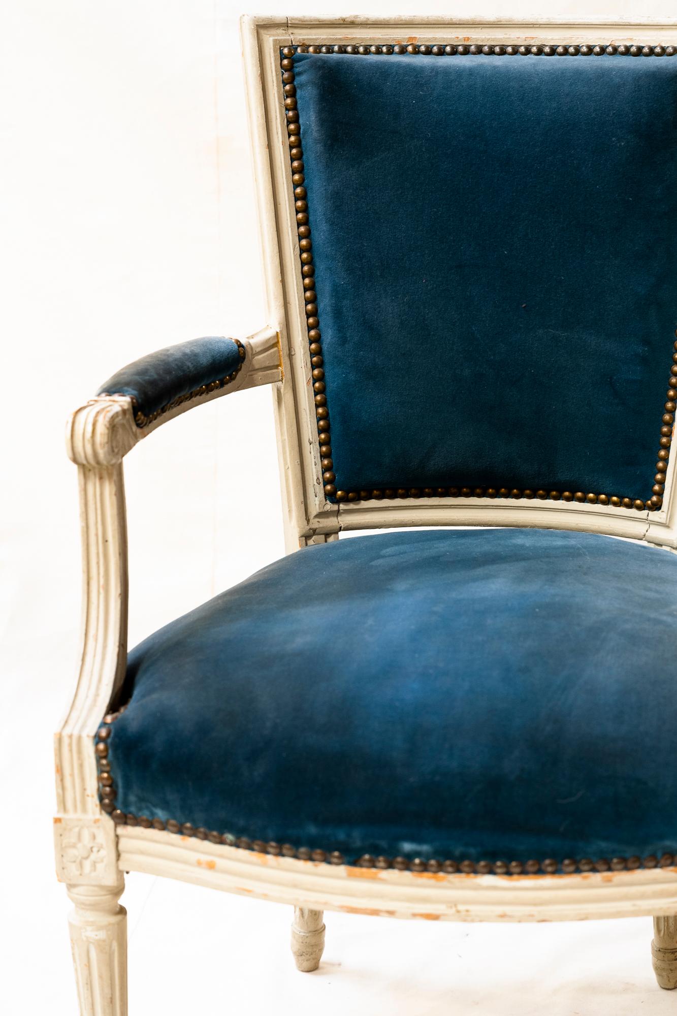 Louis XVI Style Blue Velvet Armchairs, a Pair For Sale 4