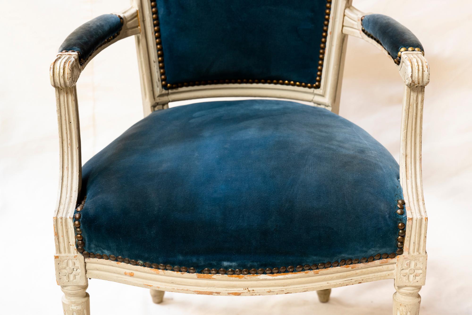 Louis XVI Style Blue Velvet Armchairs, a Pair For Sale 5