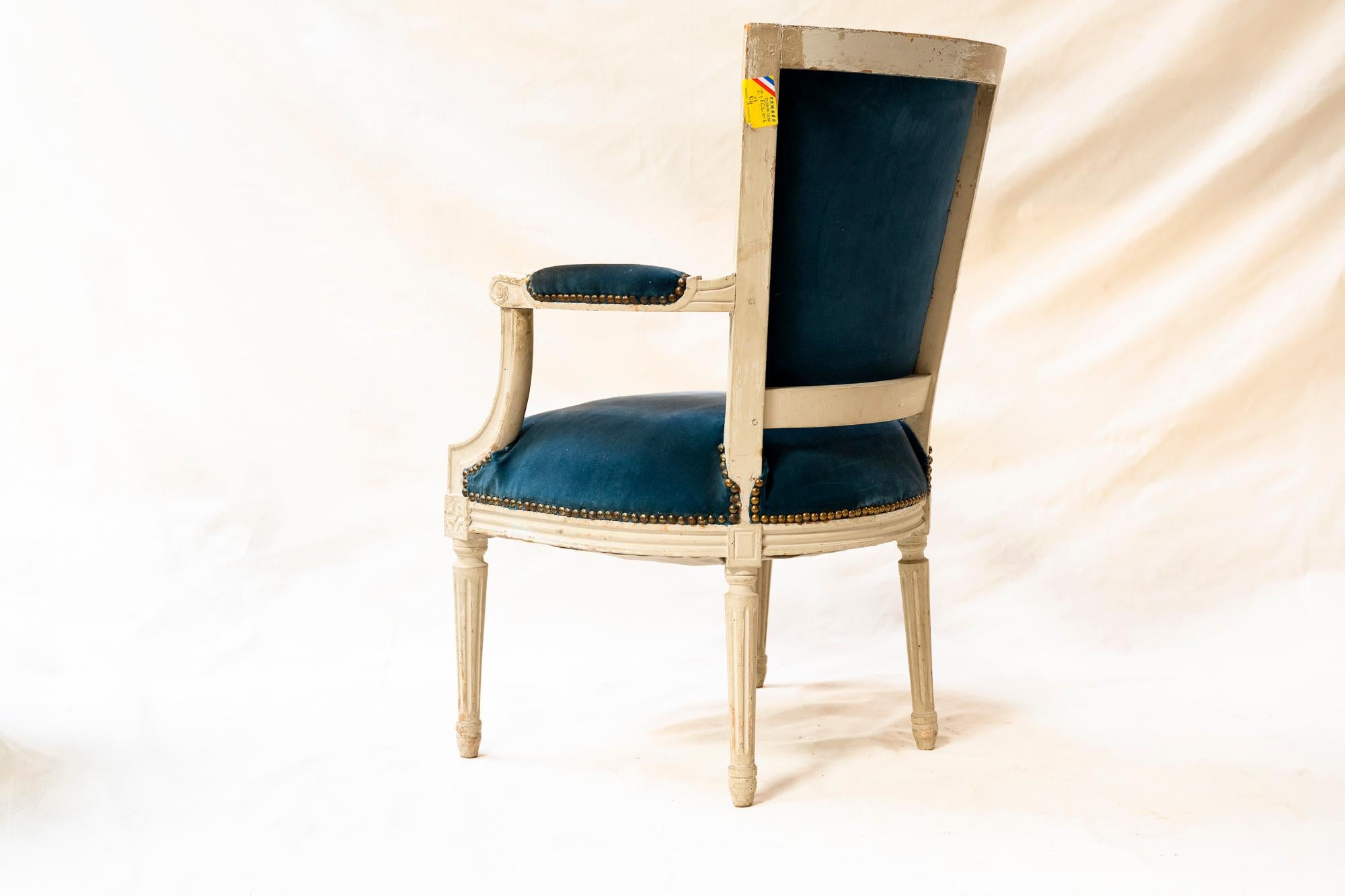 Louis XVI Style Blue Velvet Armchairs, a Pair In Good Condition For Sale In Ross, CA