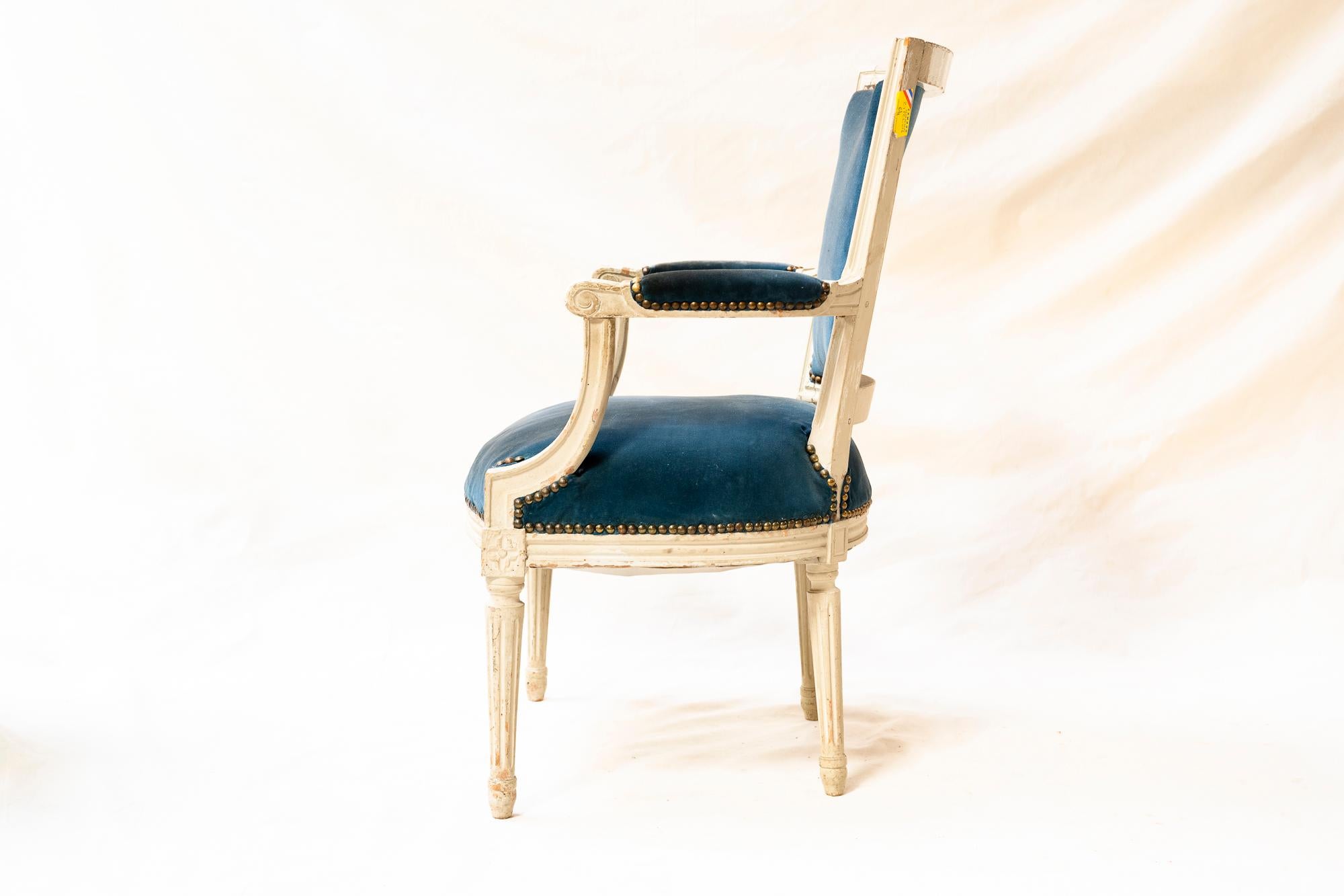 19th Century Louis XVI Style Blue Velvet Armchairs, a Pair For Sale