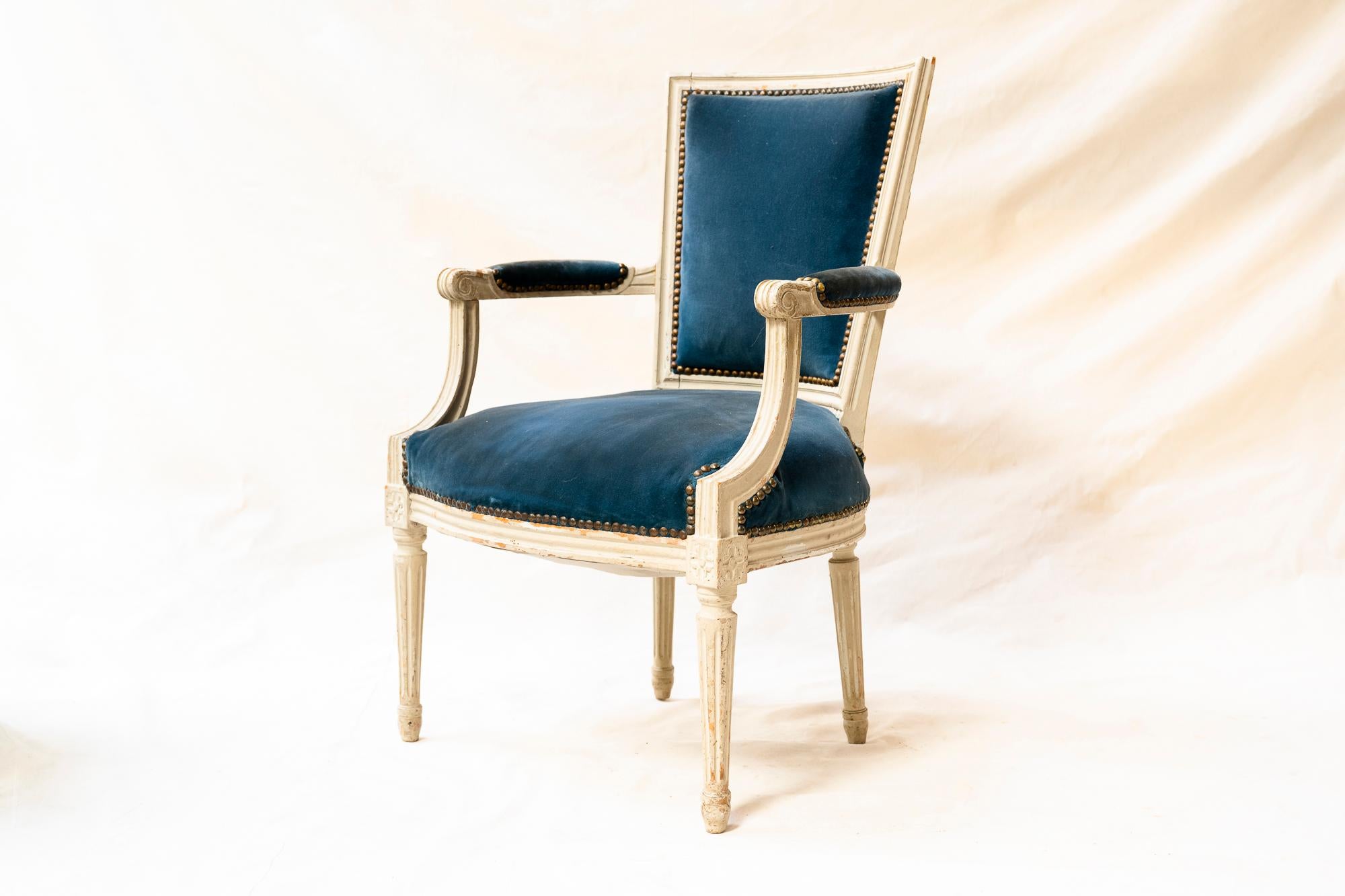 Suede Louis XVI Style Blue Velvet Armchairs, a Pair For Sale