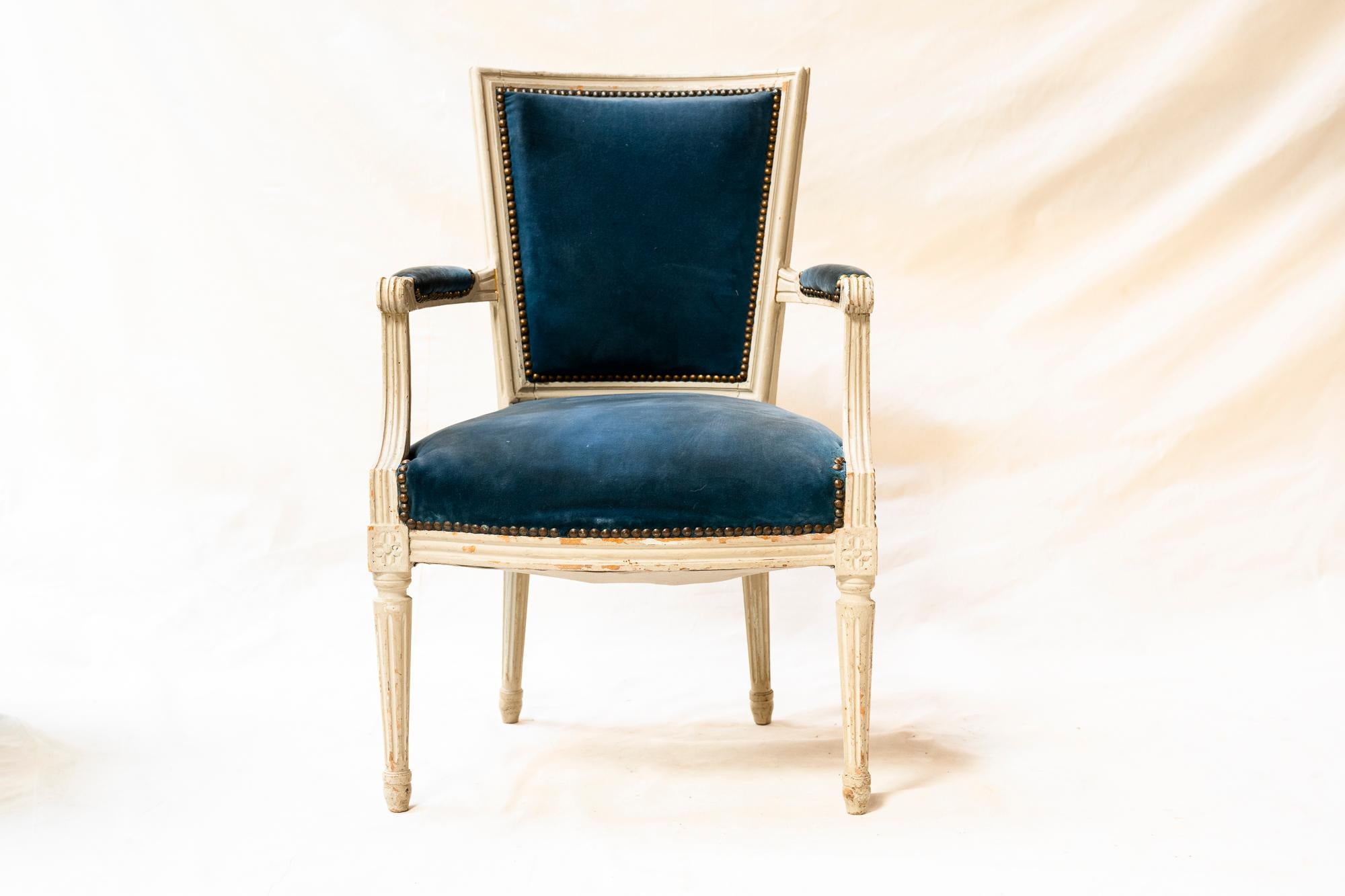 Louis XVI Style Blue Velvet Armchairs, a Pair For Sale 1