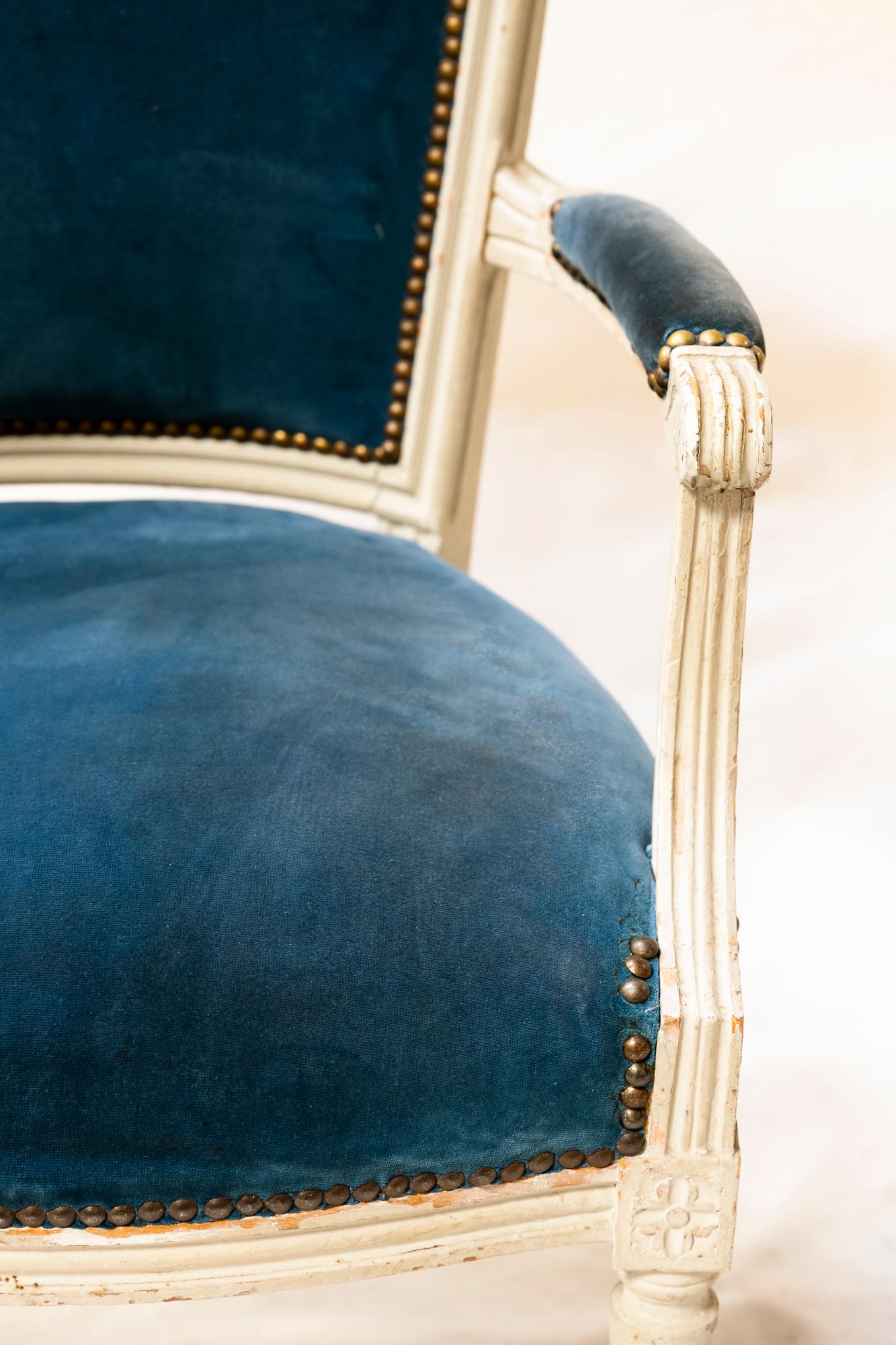 Louis XVI Style Blue Velvet Armchairs, a Pair For Sale 2