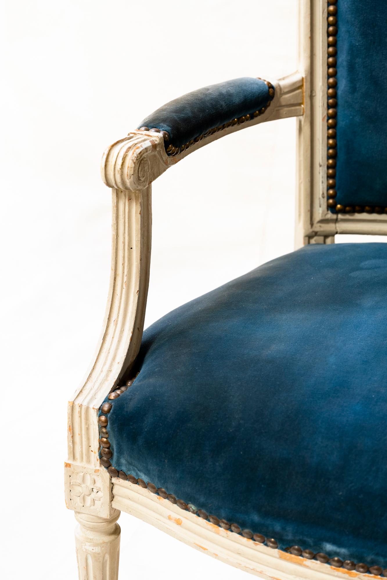 Louis XVI Style Blue Velvet Armchairs, a Pair For Sale 3