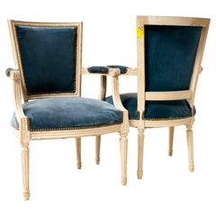 Antique Louis XVI Style Blue Velvet Armchairs, a Pair
