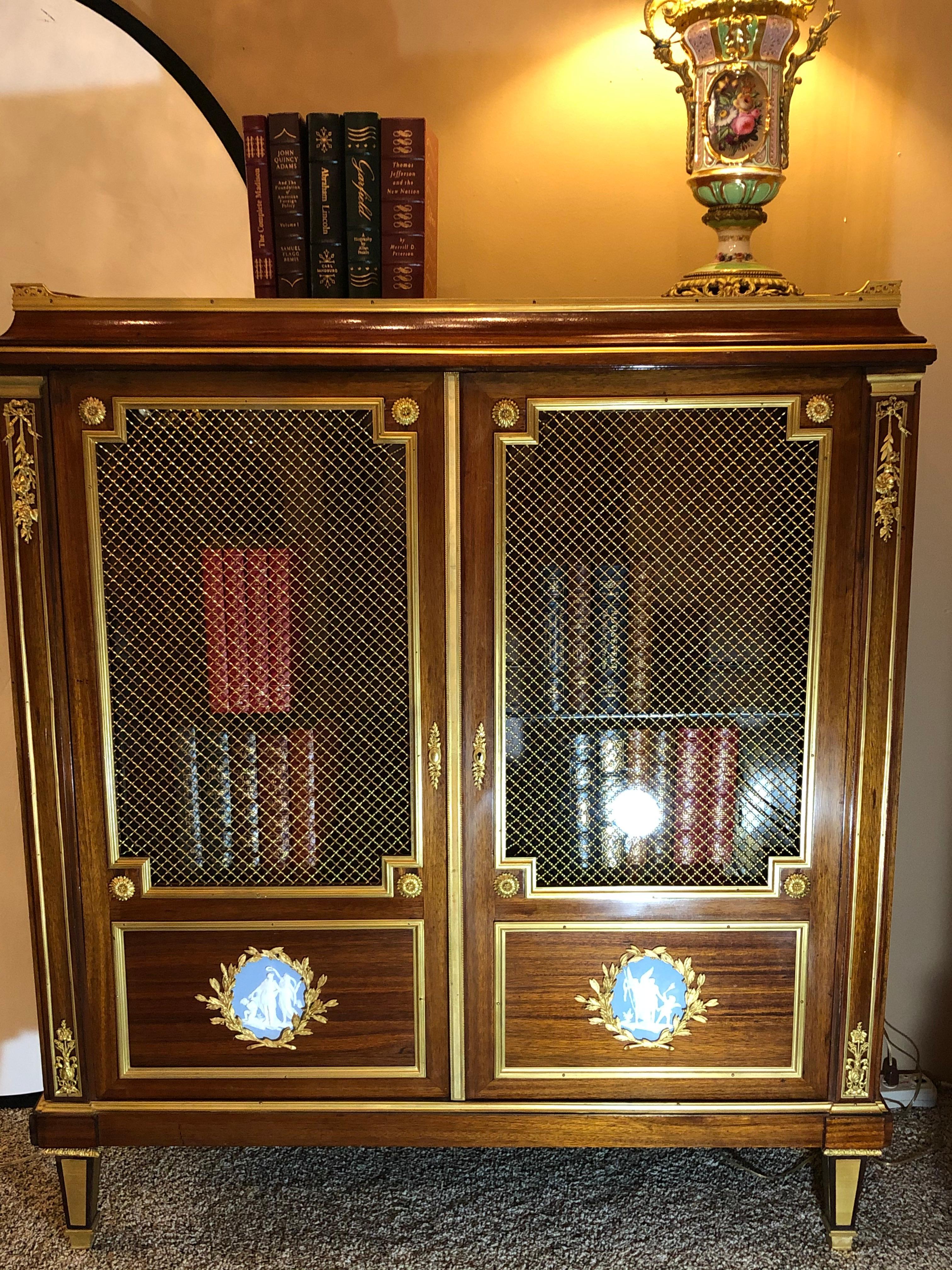 French Louis XVI Style Bookcase Bibliotheque with Dore Bronze Mounts and Jasper Plaques