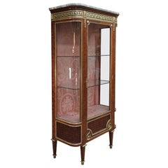 Antique Louis XVI Style Bookcase in Curved Glass Marble Bronze and Marble Top circa 1880