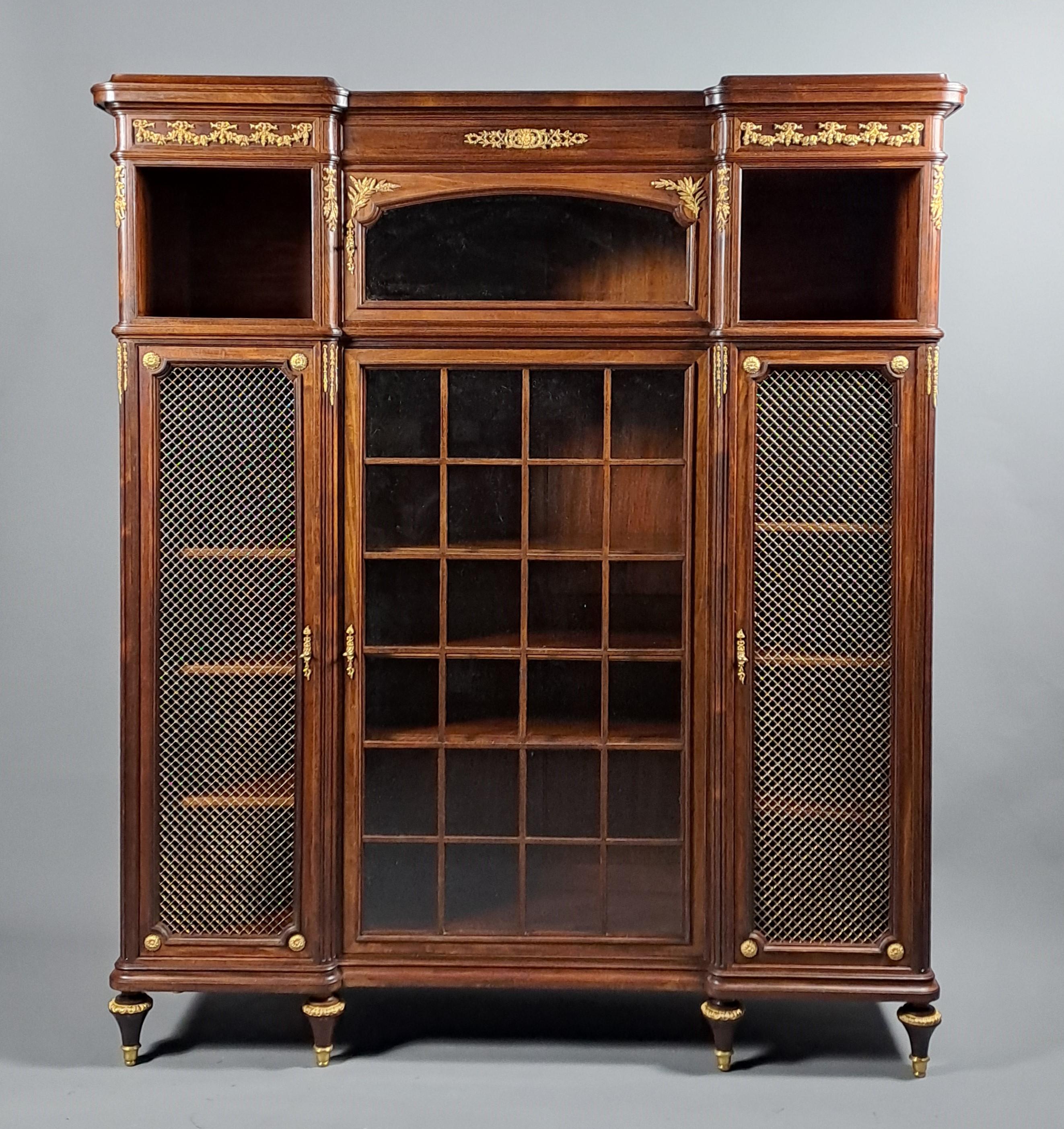 Bella e grande libreria in stile Luigi XVI in mogano massiccio decorata con elementi in bronzo dorato finemente cesellati.

Forma architettonica con due blocchi laterali sporgenti composti da una porta a griglia e una nicchia aperta nella parte