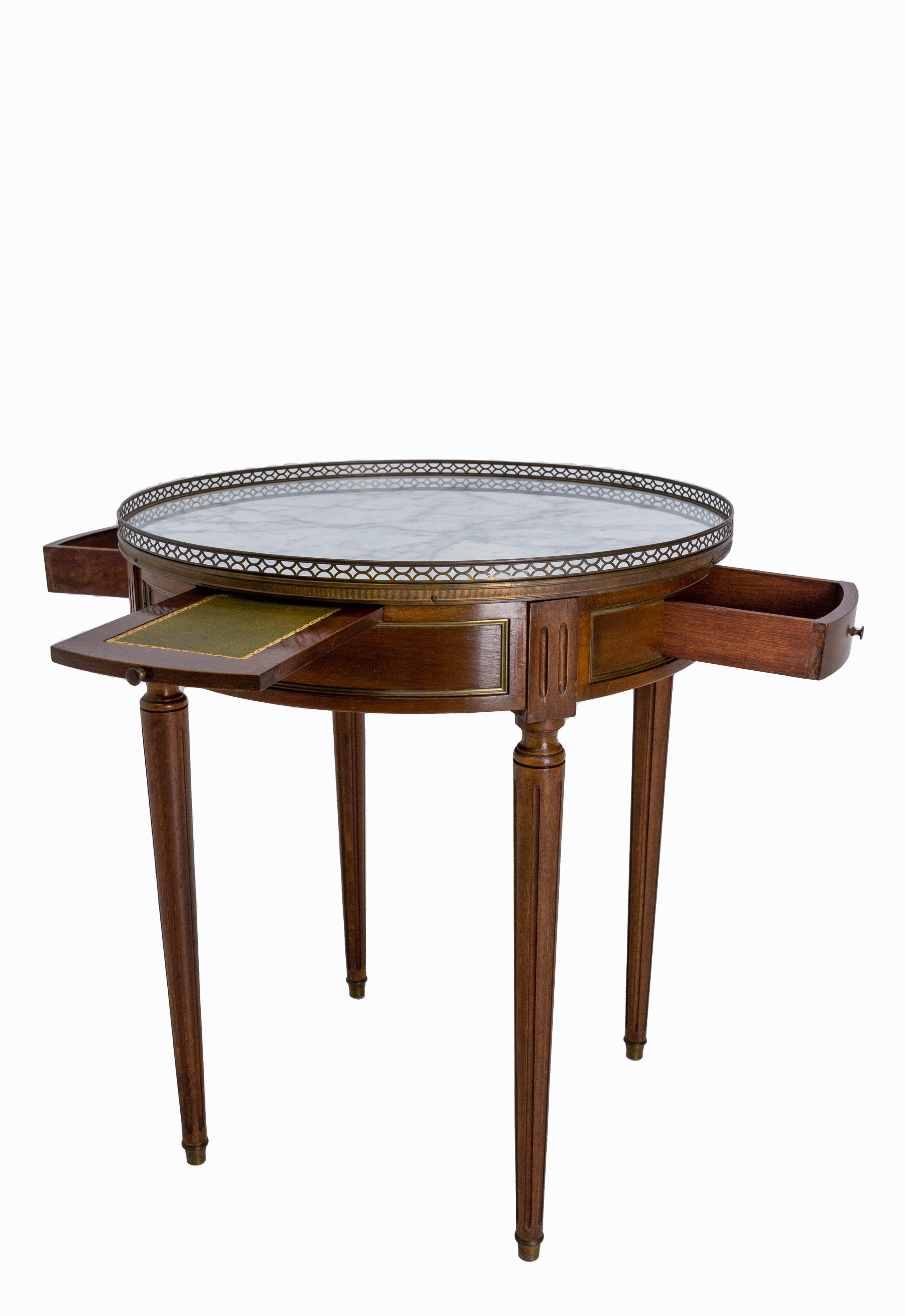 20th Century Louis XVI Style Bouillotte Table Brass Marble Leather and Walnut French, c. 1960