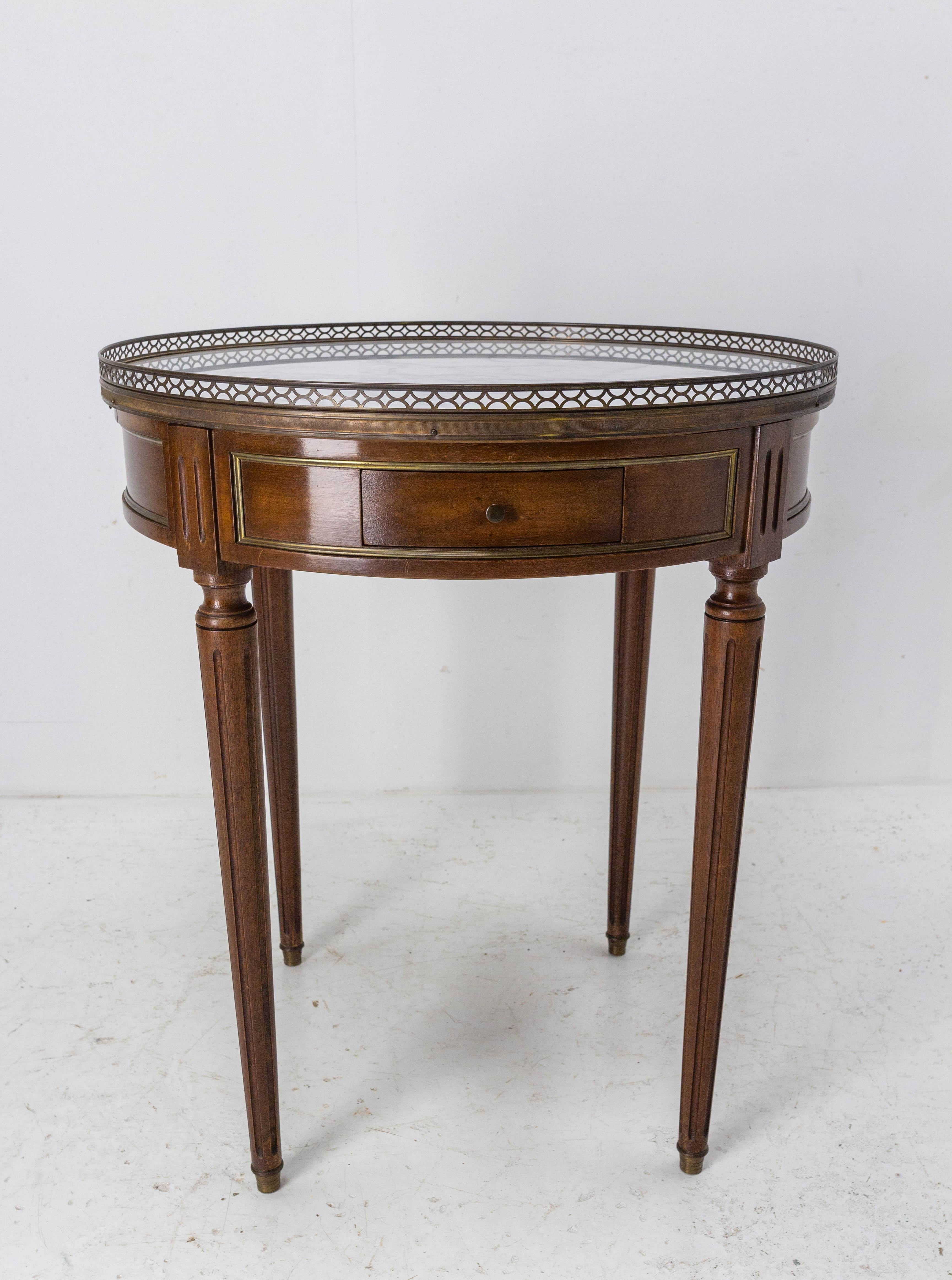 Louis XVI Style Bouillotte Table Brass Marble Leather and Walnut French, c. 1960 1