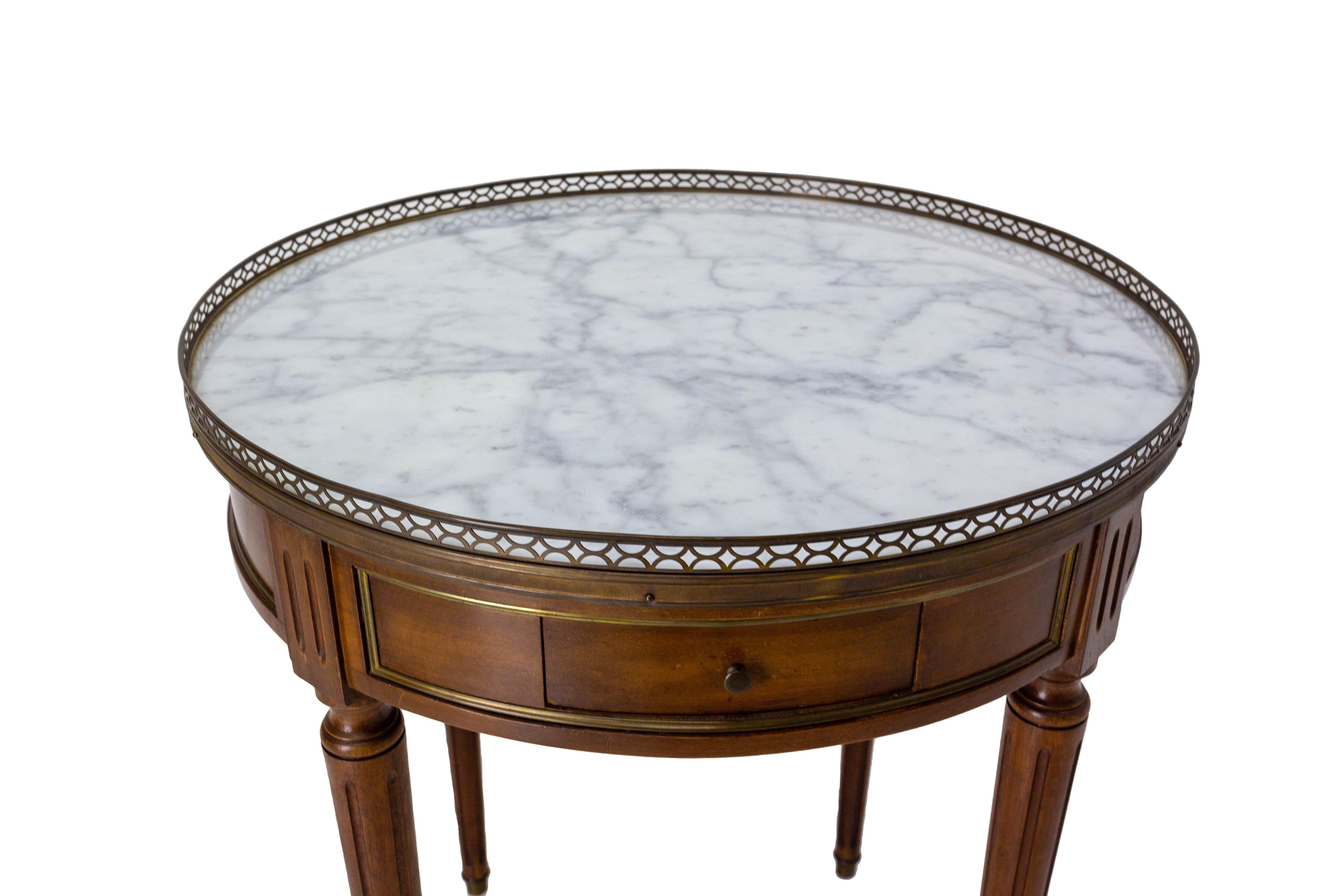 Louis XVI Style Bouillotte Table Brass Marble Leather and Walnut French, c. 1960 2