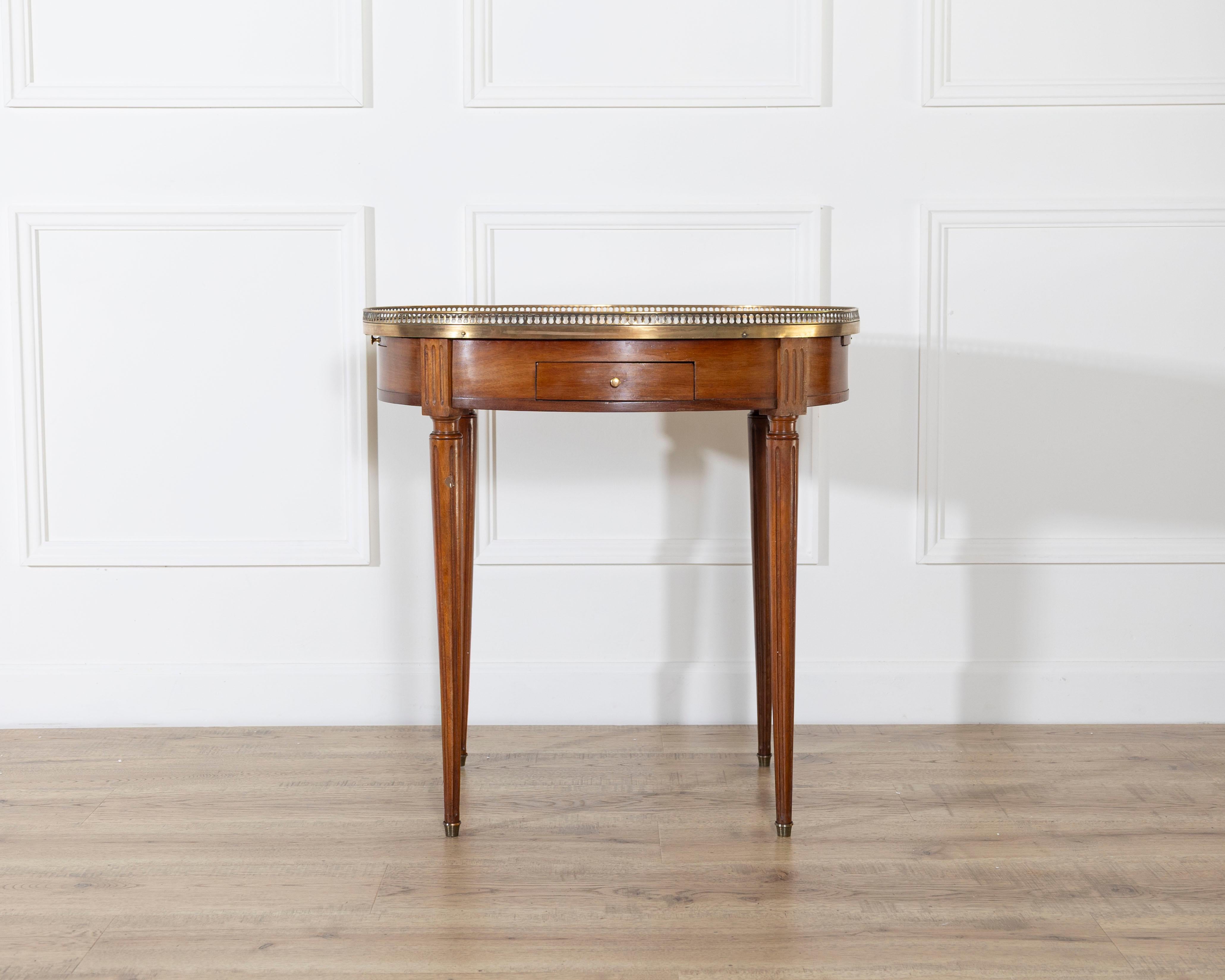 French Louis XVI–Style Bouillotte Table with Marble Top and Brass Gallery For Sale