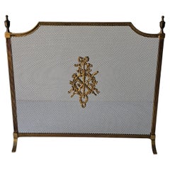 Louis XVI Style Brass and Ribbon Decorated Wire Mesh Fireplace Screen