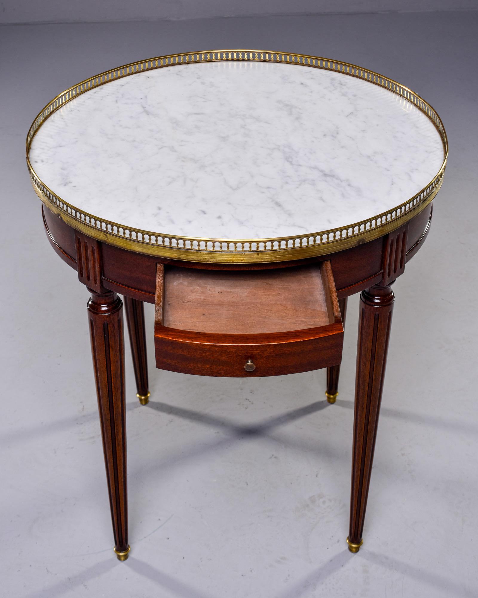 French Louis XVI Style Brass Bound Table with White Marble Top