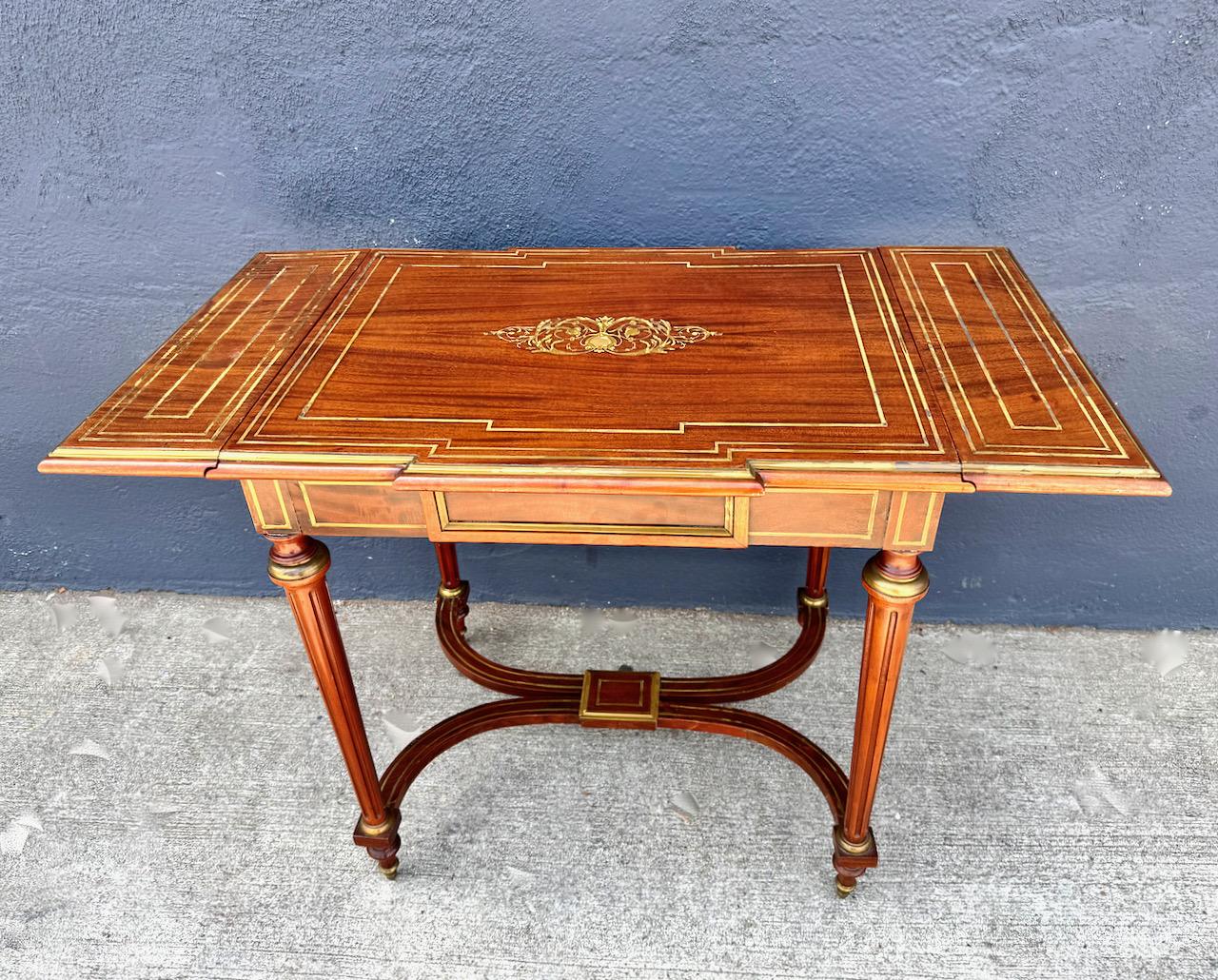 Inlay Louis XVI-Style Brass Inlaid Writing Table For Sale