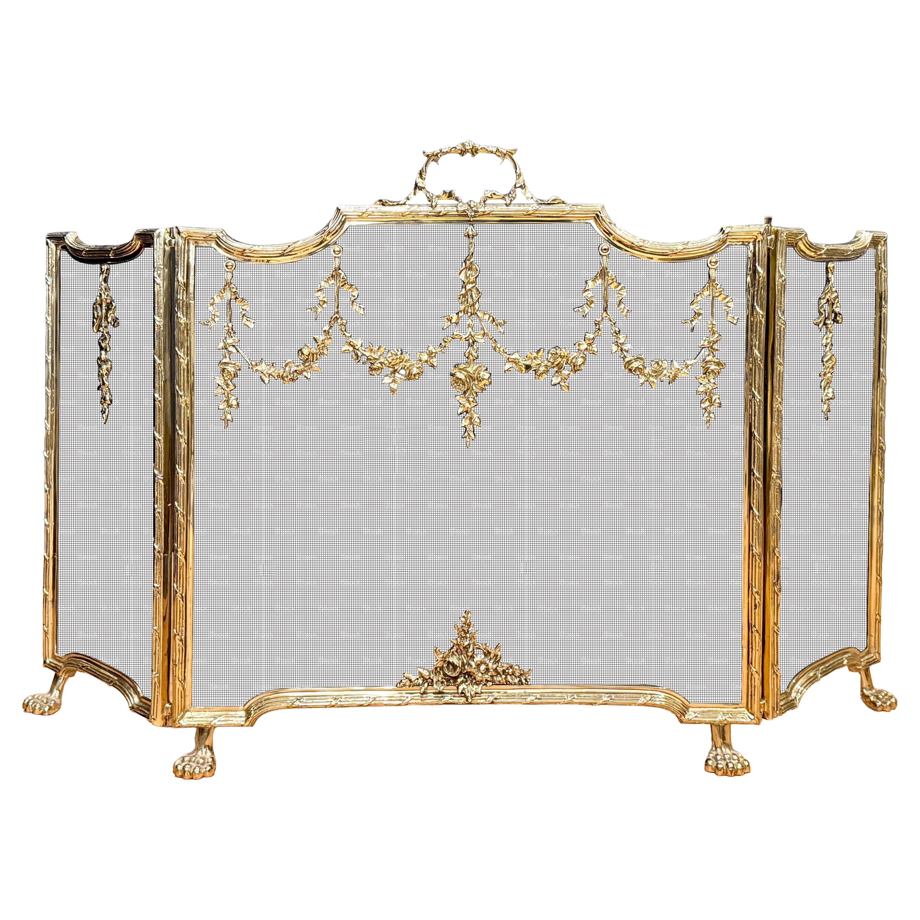 Louis XVI Style Brass Three Panel Fireplace Screen For Sale