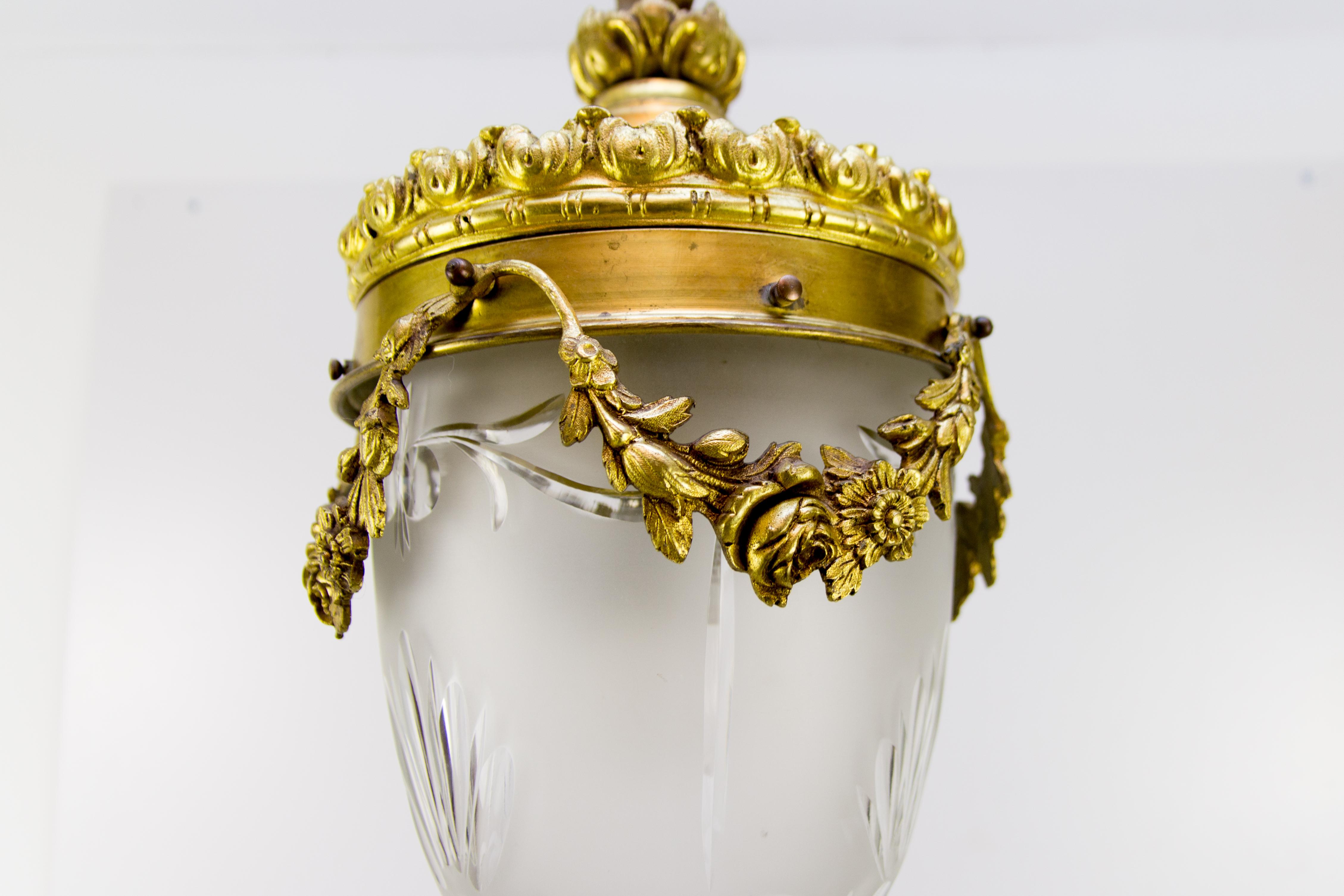 Cut Glass Louis XVI Style Bronze and Brass Hall Lamp Lantern