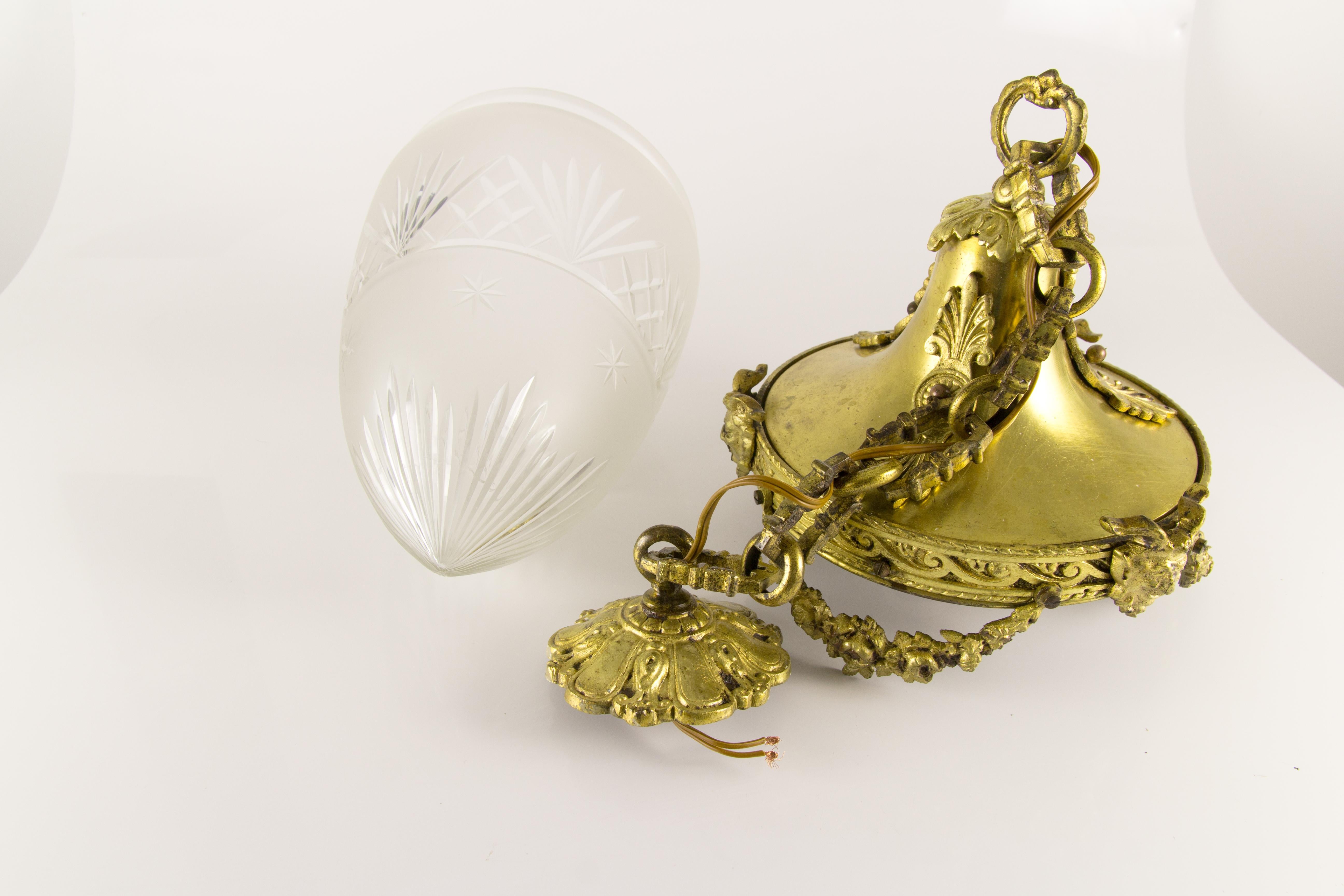 French Louis XVI Style Bronze and Cut-Glass Hall Lamp Lantern Pendant 11