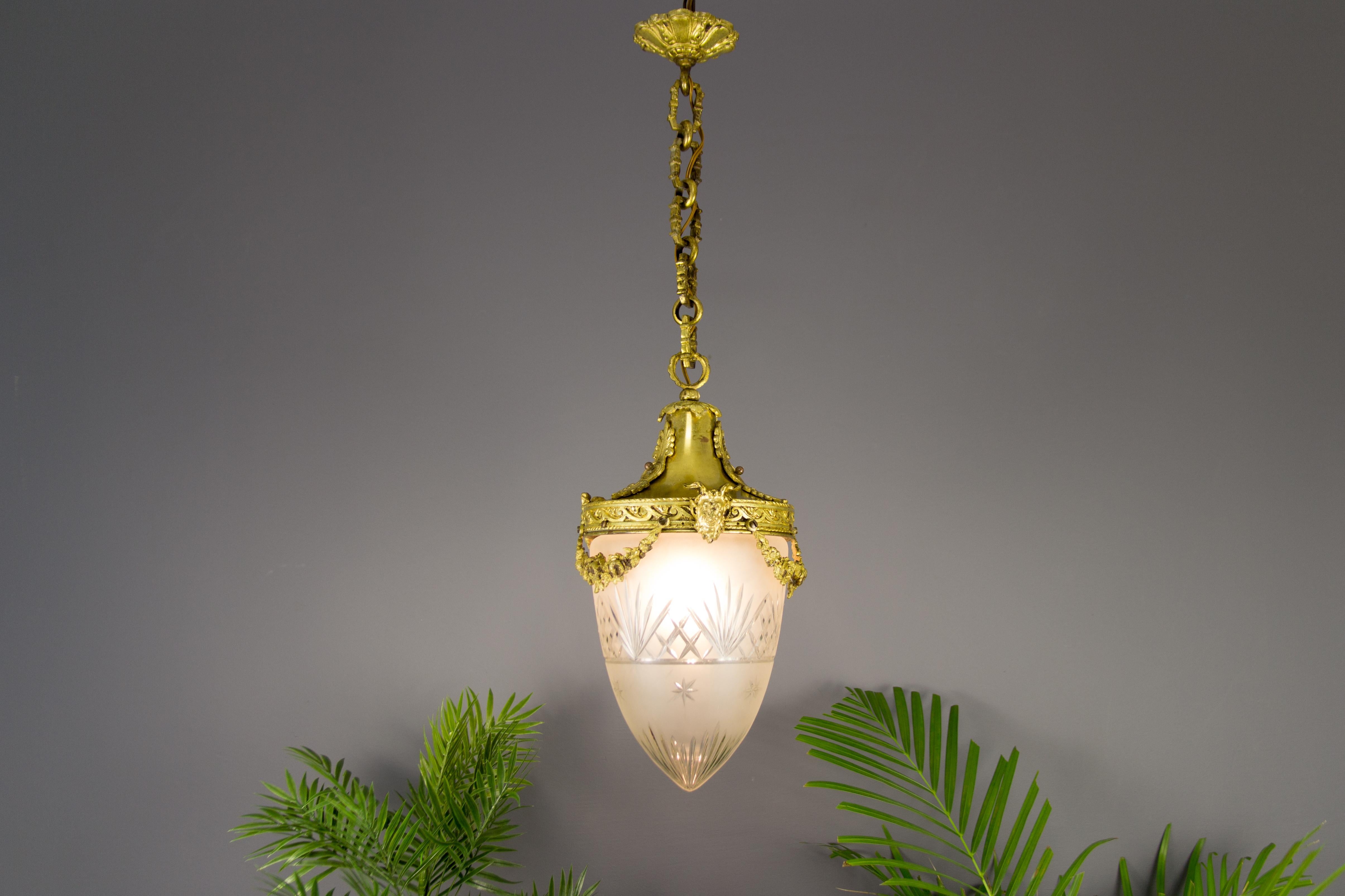 French Louis XVI Style Bronze and Cut-Glass Hall Lamp Lantern Pendant 3
