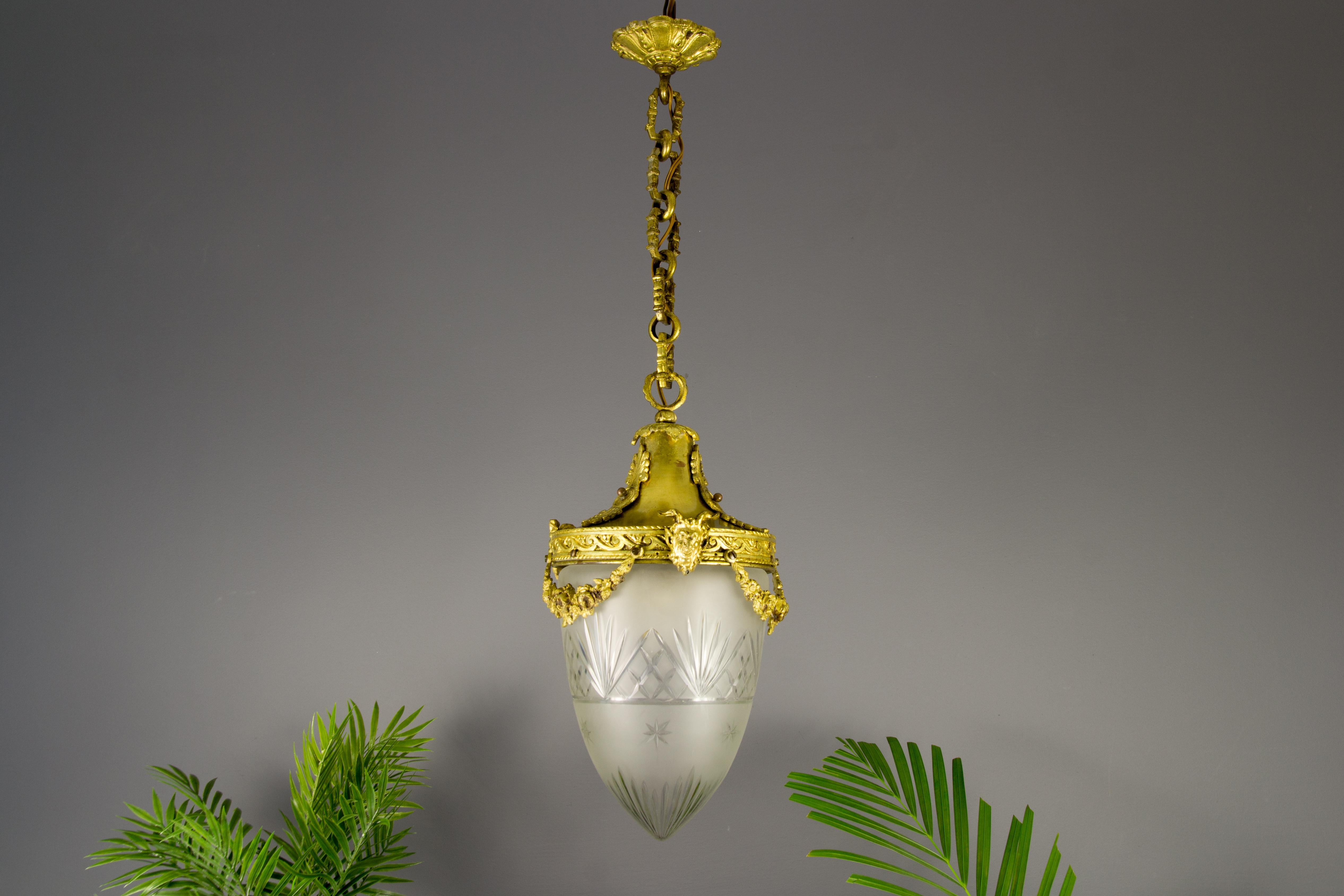 French Louis XVI Style Bronze and Cut-Glass Hall Lamp Lantern Pendant 4