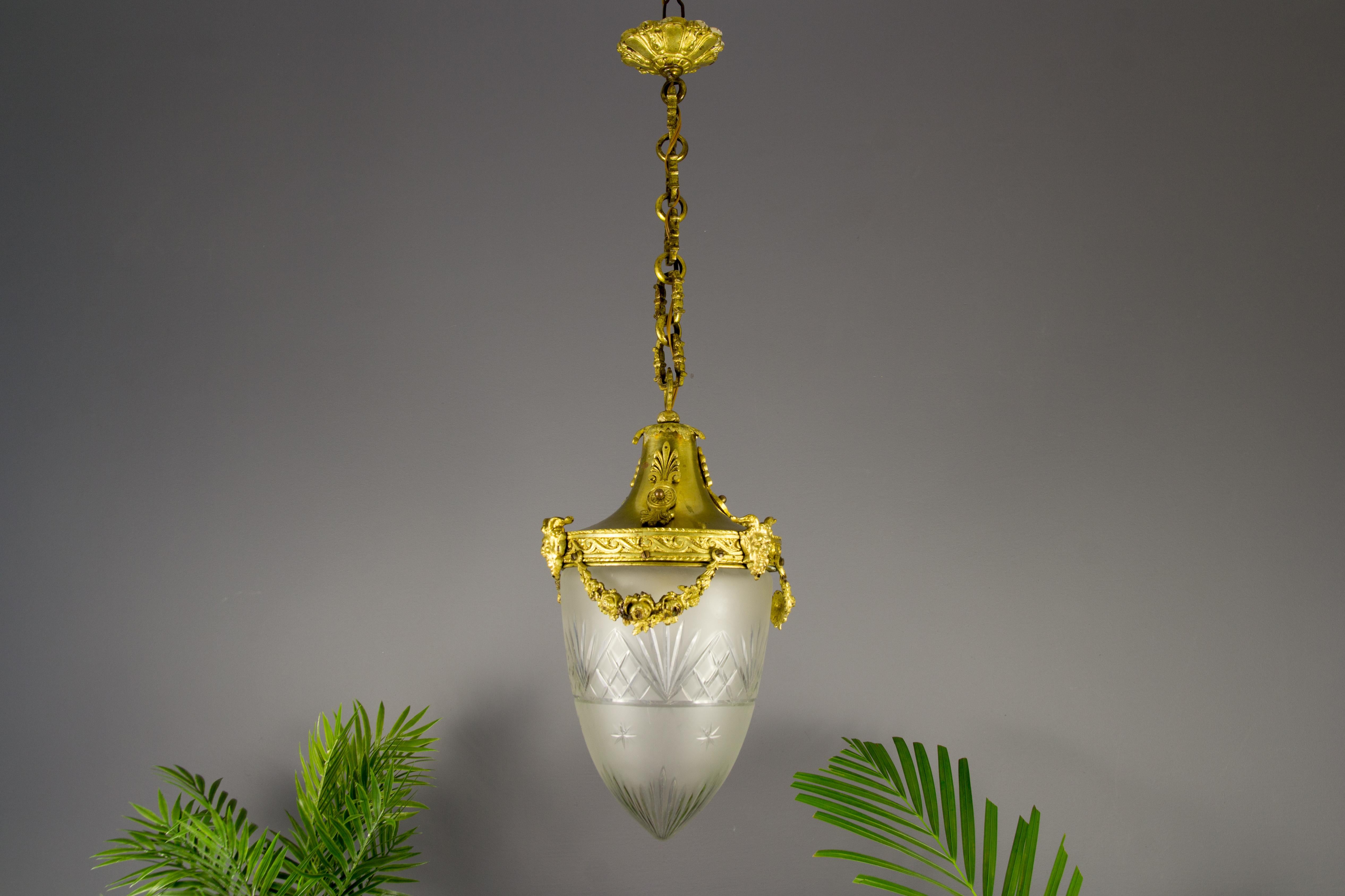 French Louis XVI Style Bronze and Cut-Glass Hall Lamp Lantern Pendant 5
