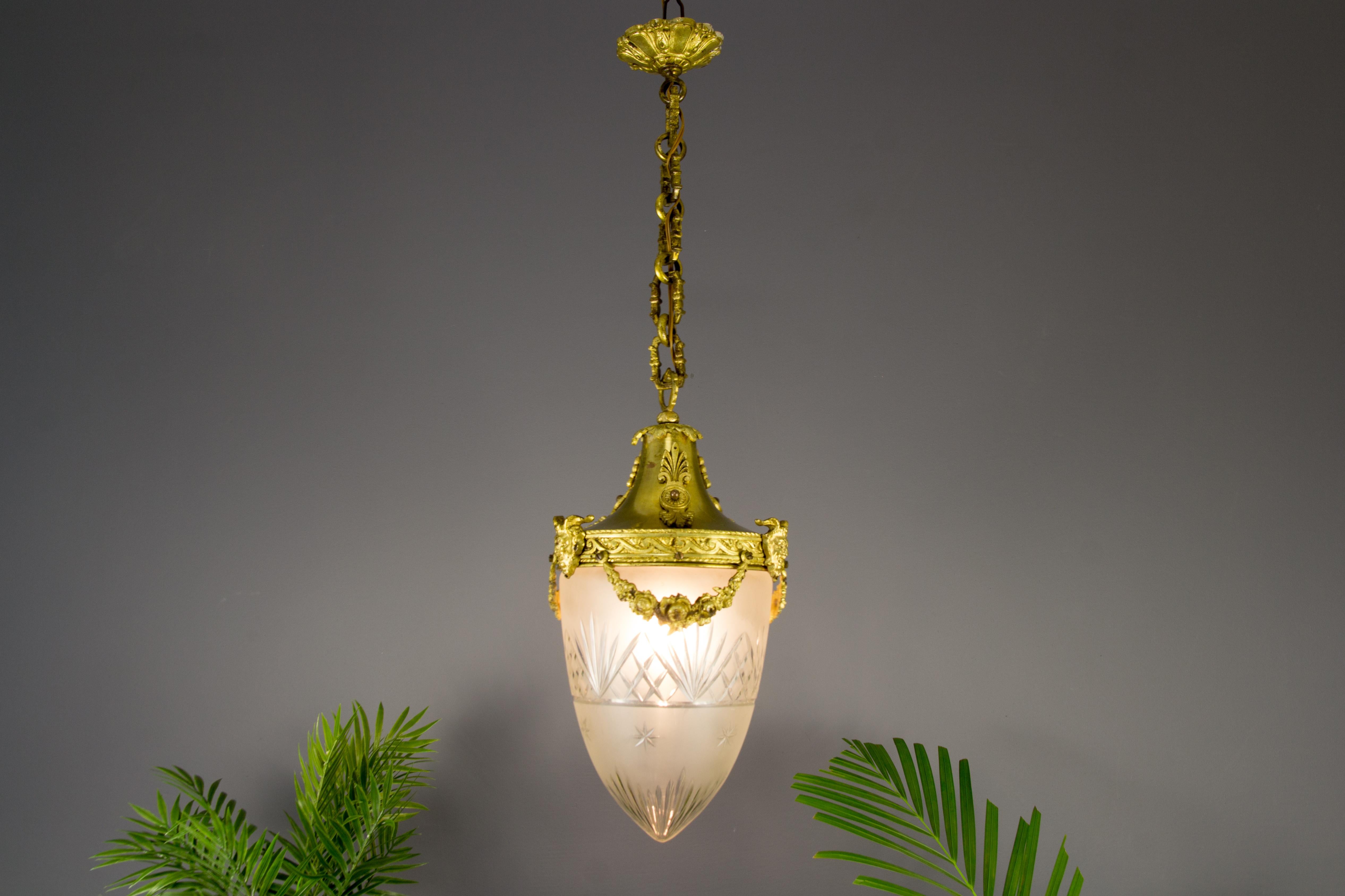 French Louis XVI Style Bronze and Cut-Glass Hall Lamp Lantern Pendant 6