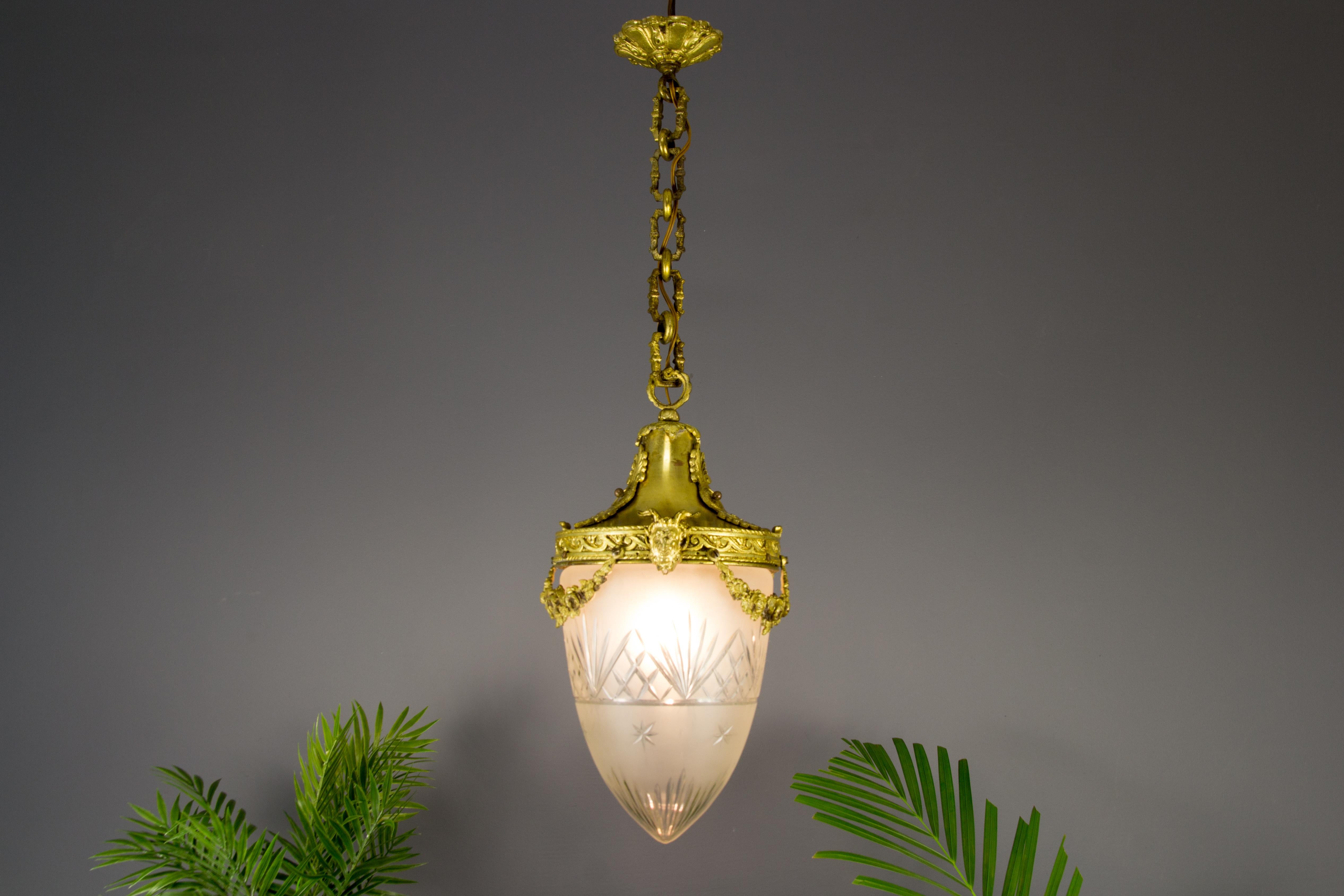 French Louis XVI Style Bronze and Cut-Glass Hall Lamp Lantern Pendant 15