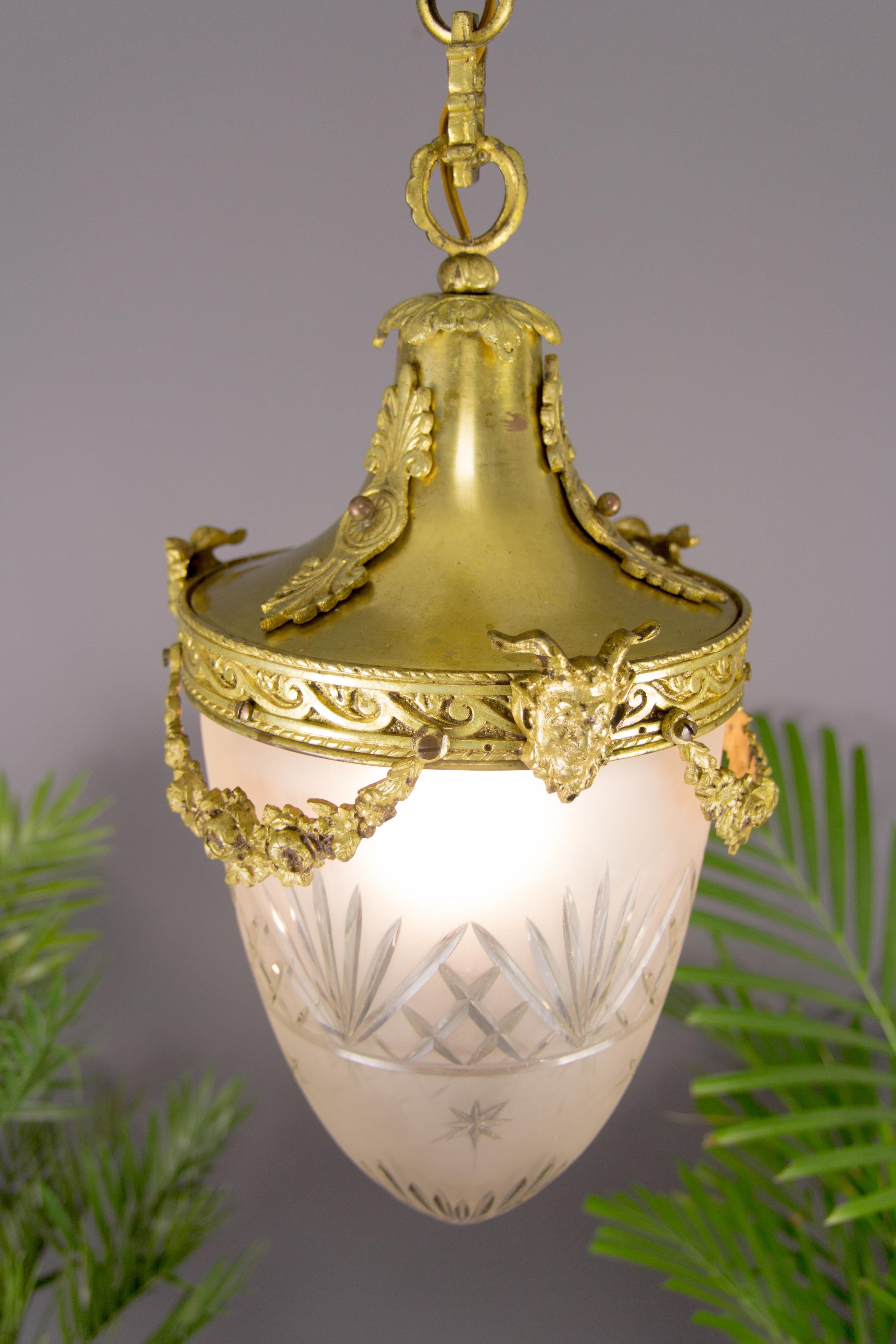 French Louis XVI Style Bronze and Cut-Glass Hall Lamp Lantern Pendant 1