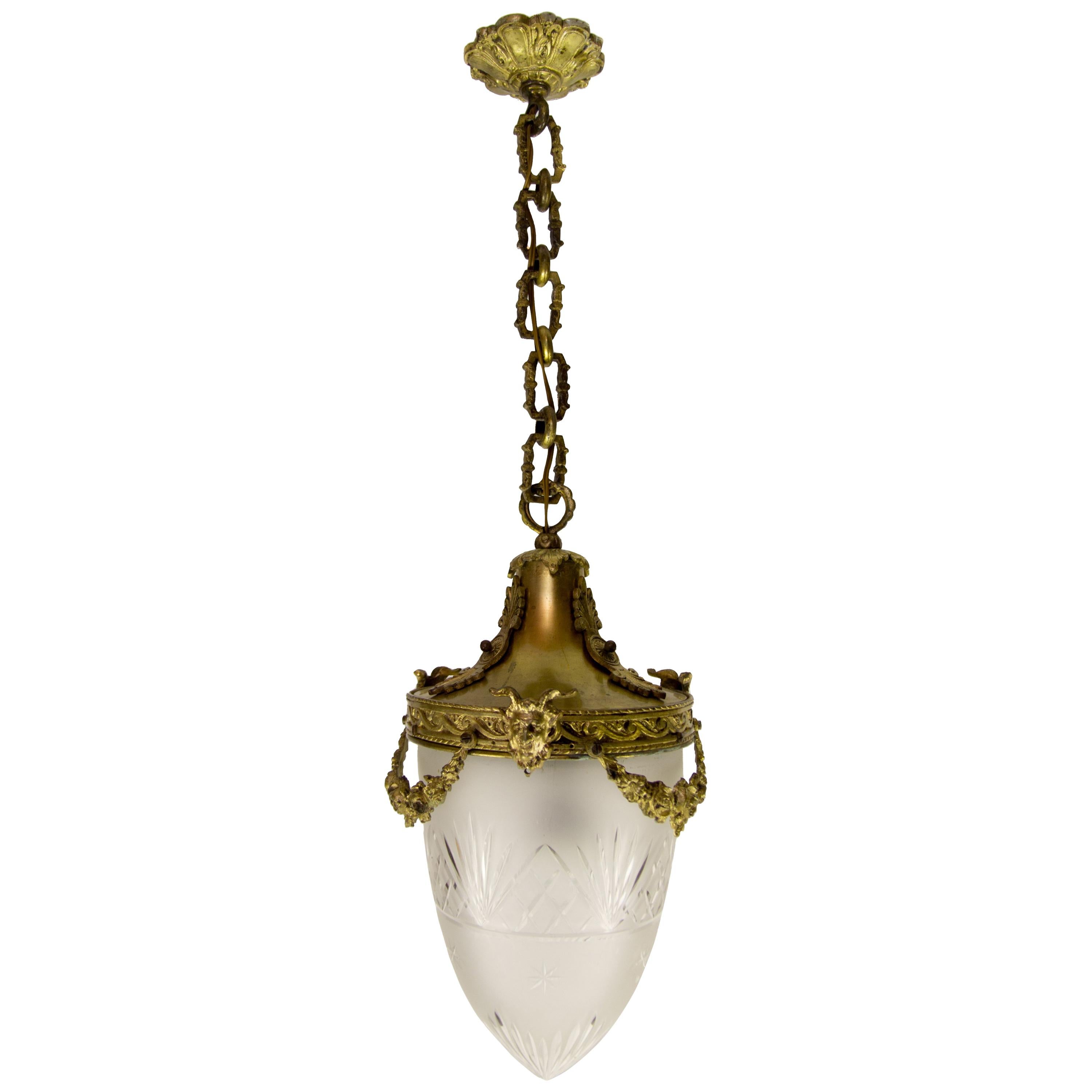 French Louis XVI Style Bronze and Cut-Glass Hall Lamp Lantern Pendant