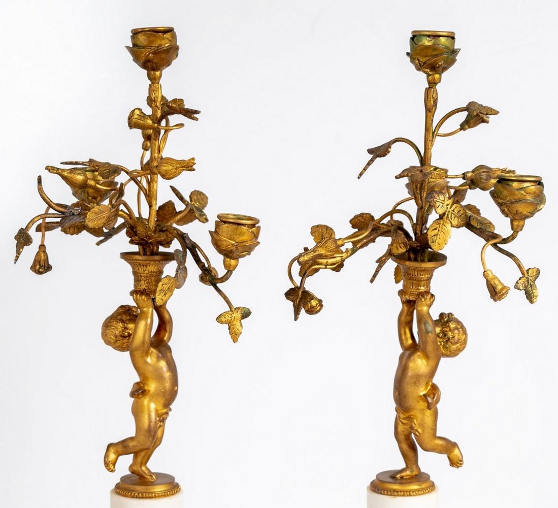 European Louis XVI Style Bronze and Marble Garniture Set with Clock & Candelabras For Sale