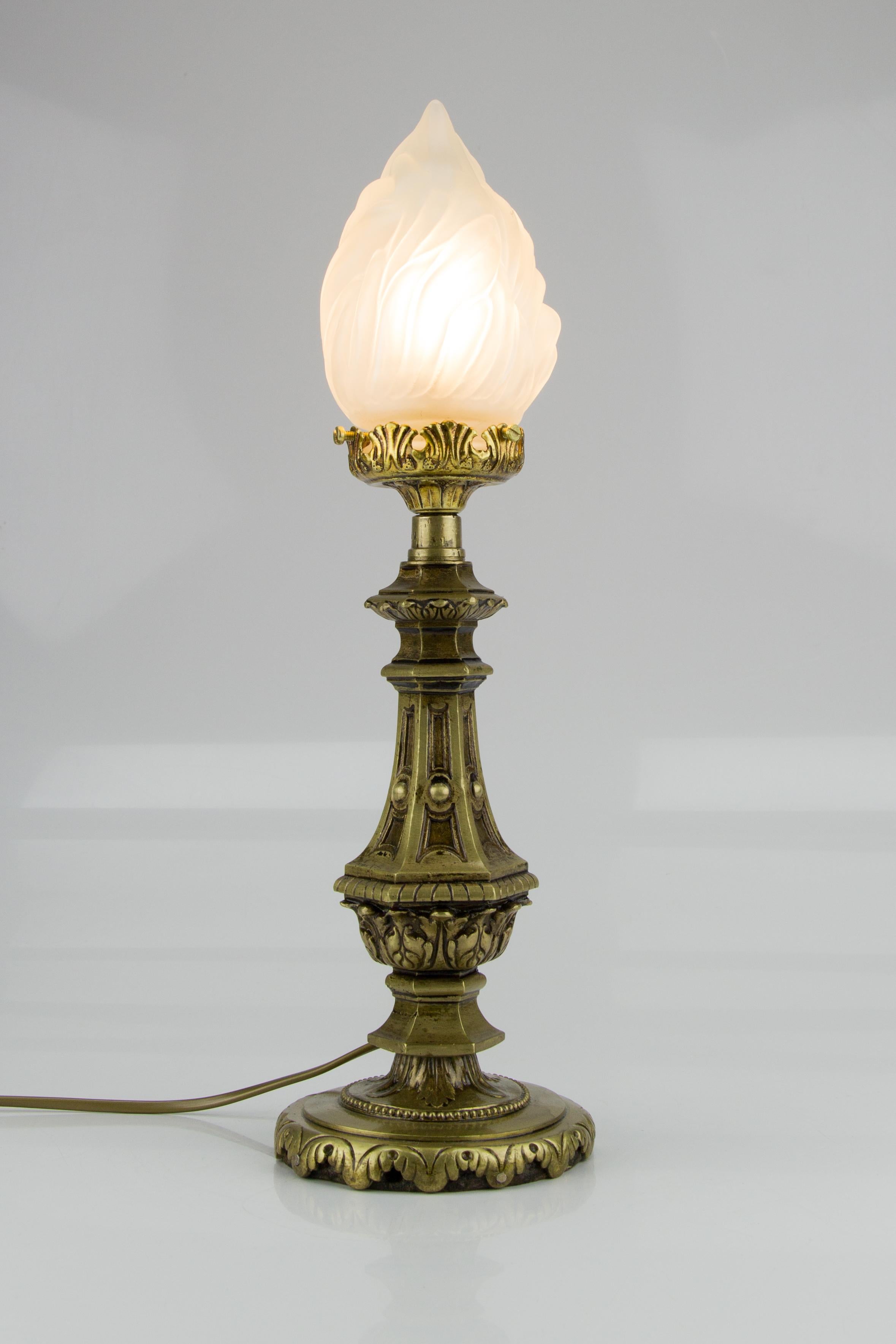 Louis XVI Style Bronze and White Frosted Glass Flame Shade Table Lamp, 1930s 15