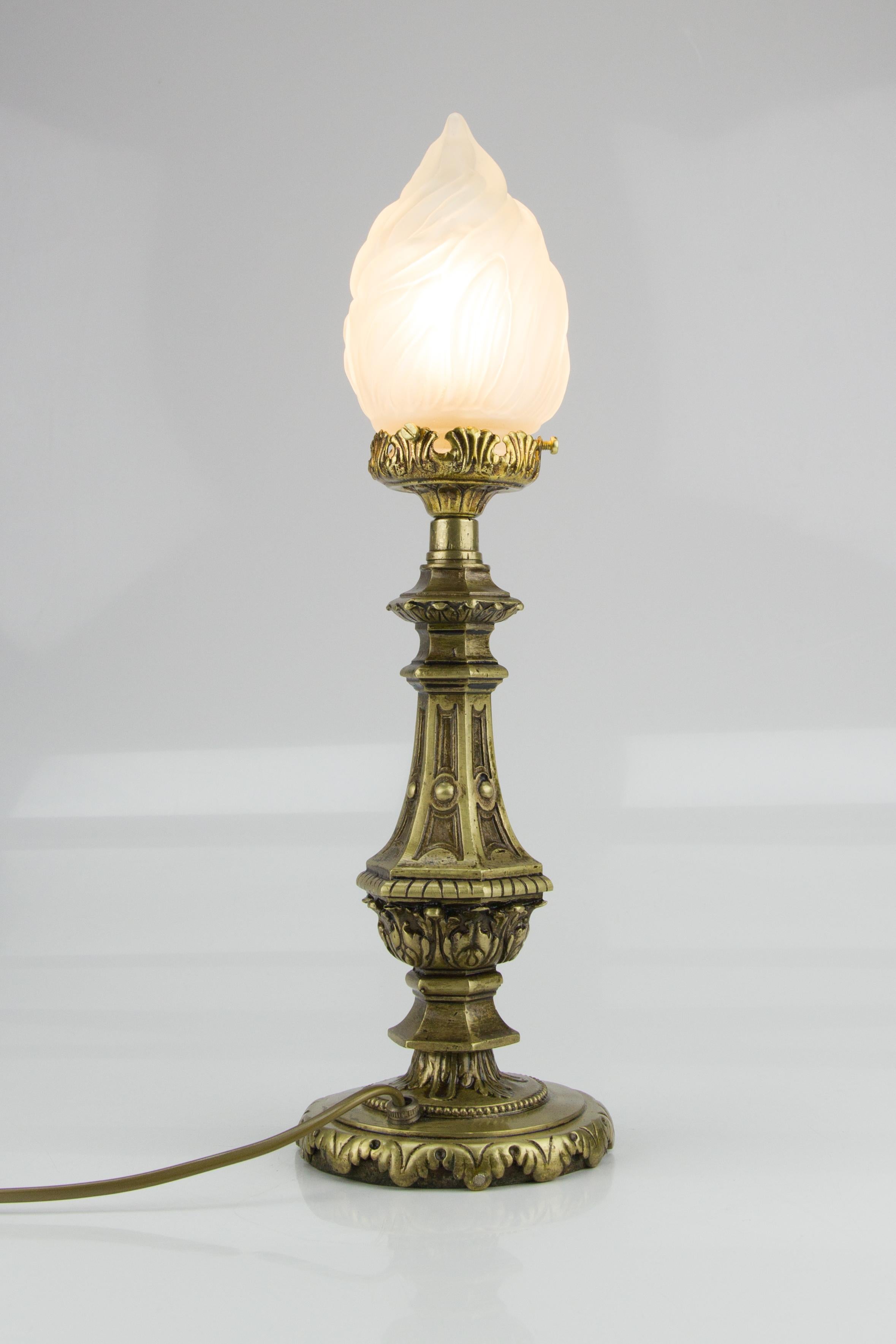 Mid-20th Century Louis XVI Style Bronze and White Frosted Glass Flame Shade Table Lamp, 1930s