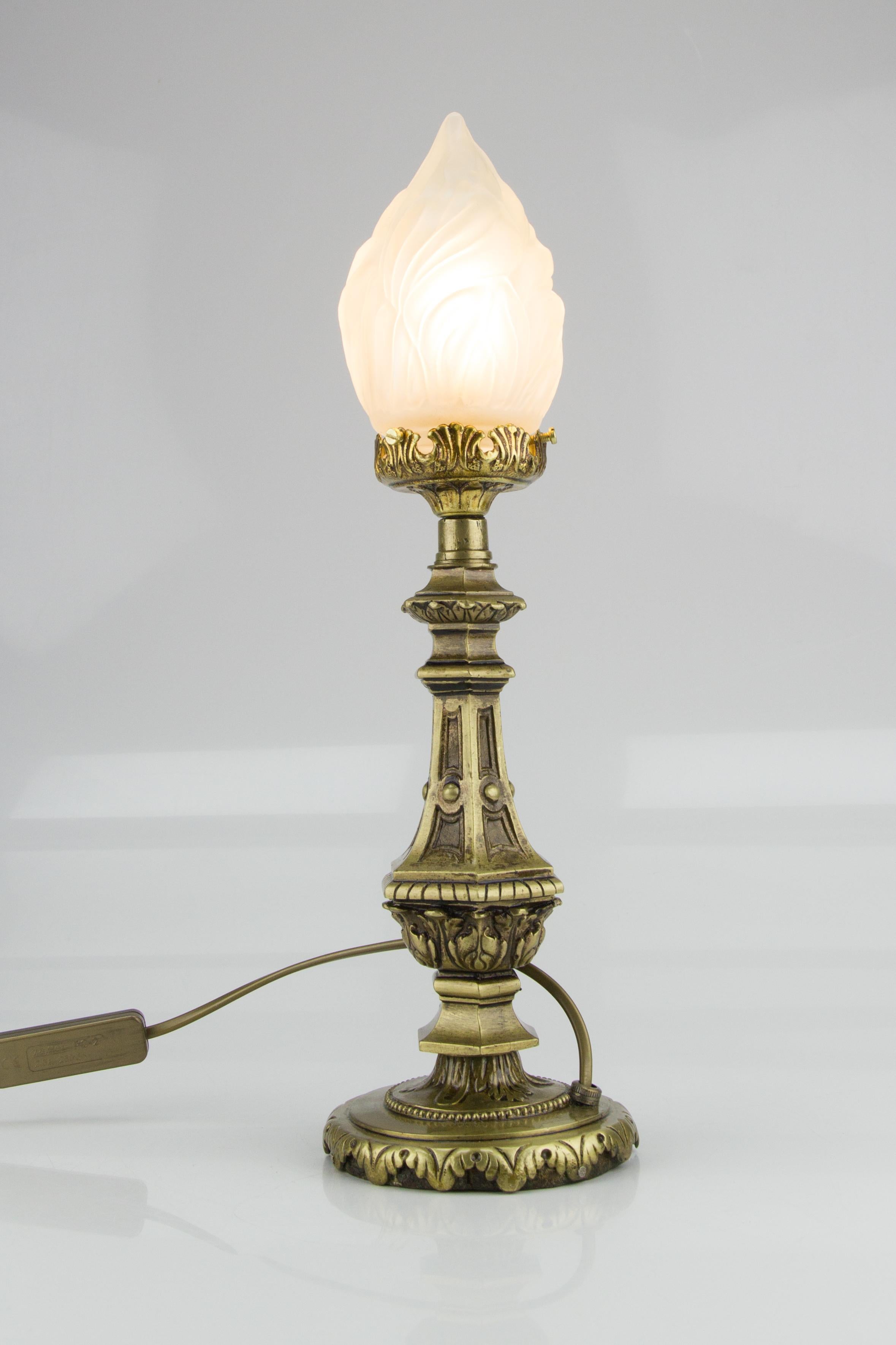 Louis XVI Style Bronze and White Frosted Glass Flame Shade Table Lamp, 1930s 1