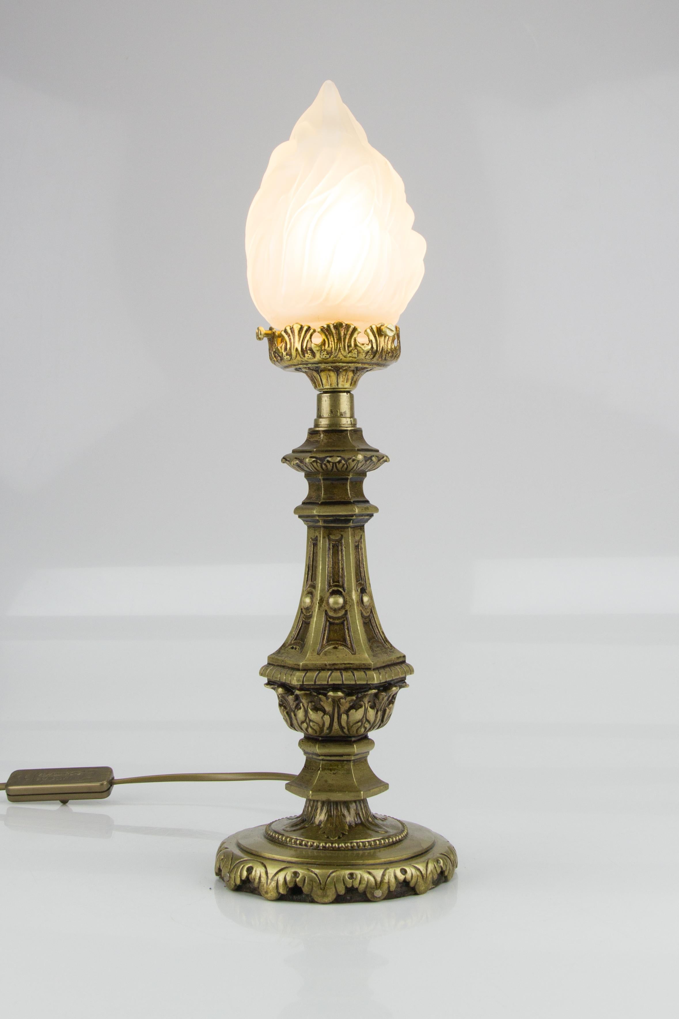 Louis XVI Style Bronze and White Frosted Glass Flame Shade Table Lamp, 1930s 2