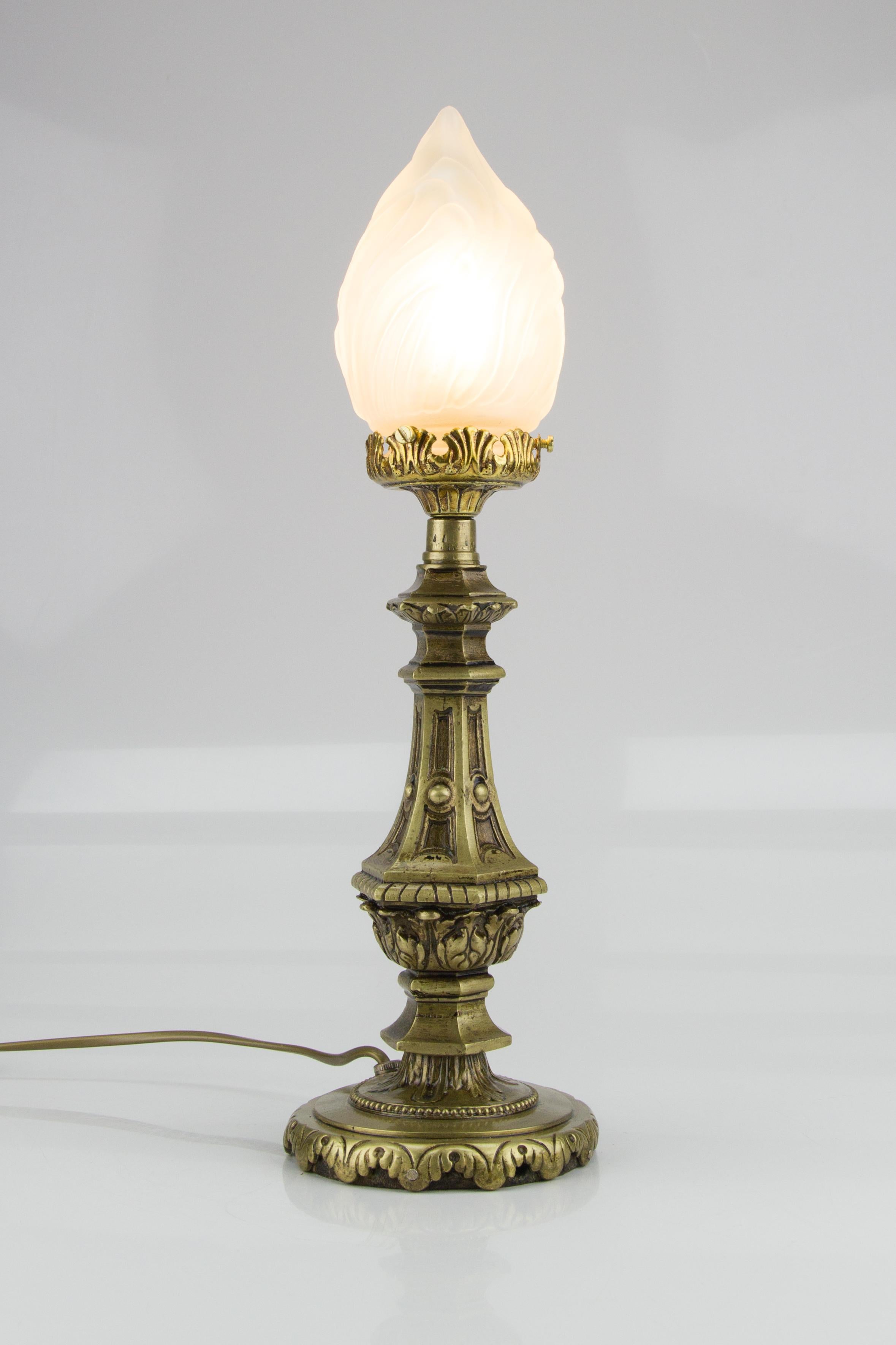 Louis XVI Style Bronze and White Frosted Glass Flame Shade Table Lamp, 1930s 3